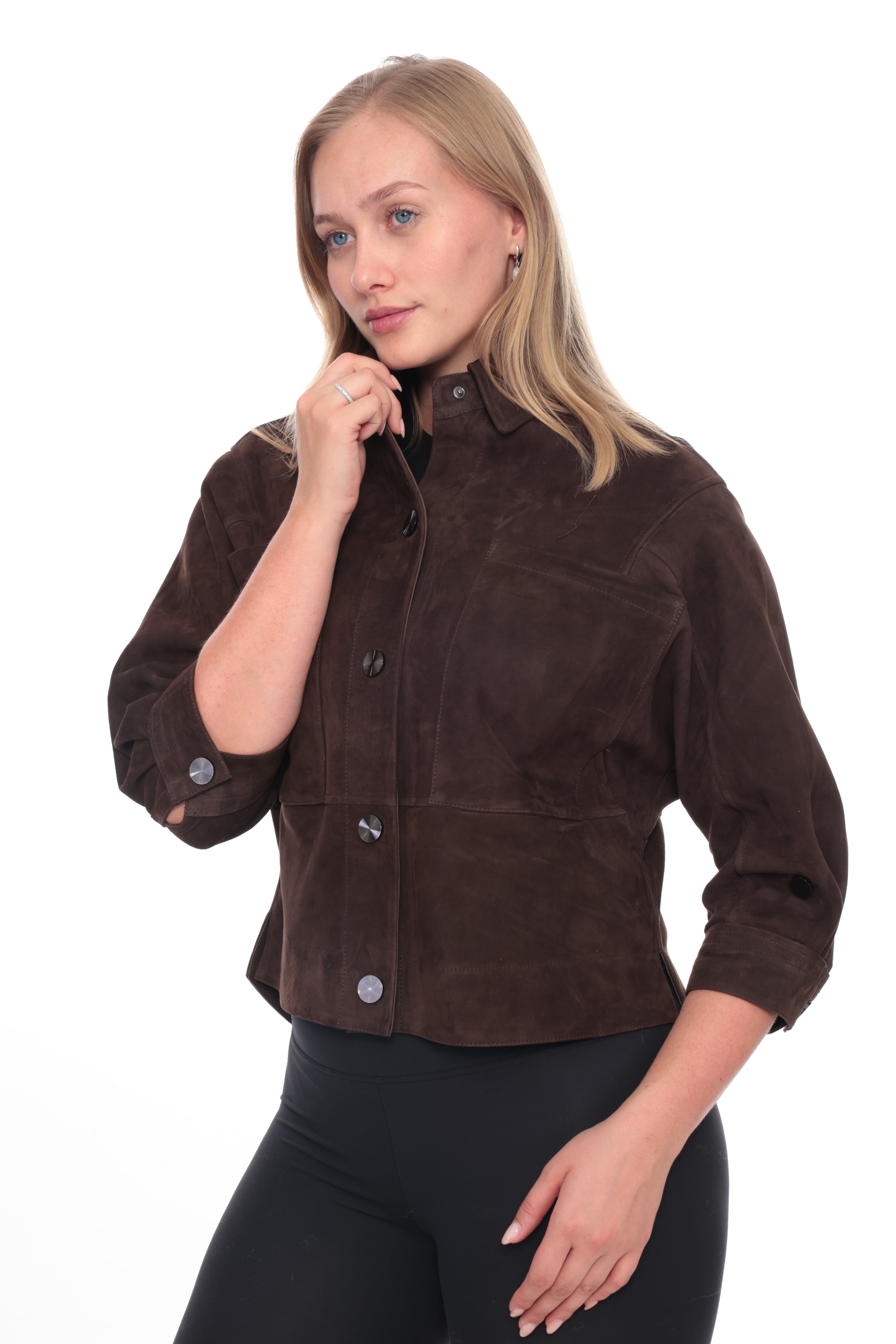 SELORA Dark Brown Genuine Suede Cropped Shirt Jacket