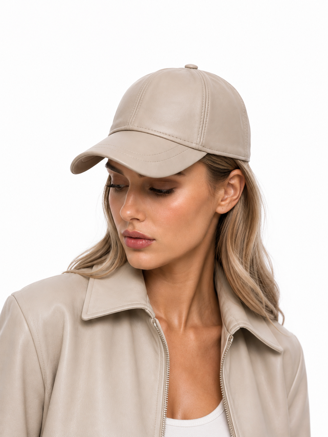 Ivory Beige Genuine Leather Baseball Cap – Adjustable Unisex Leather Hat