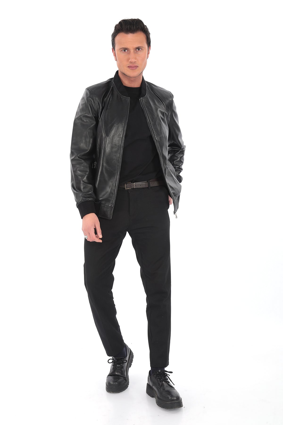 THORNE Black Genuine Leather Bomber Jacket