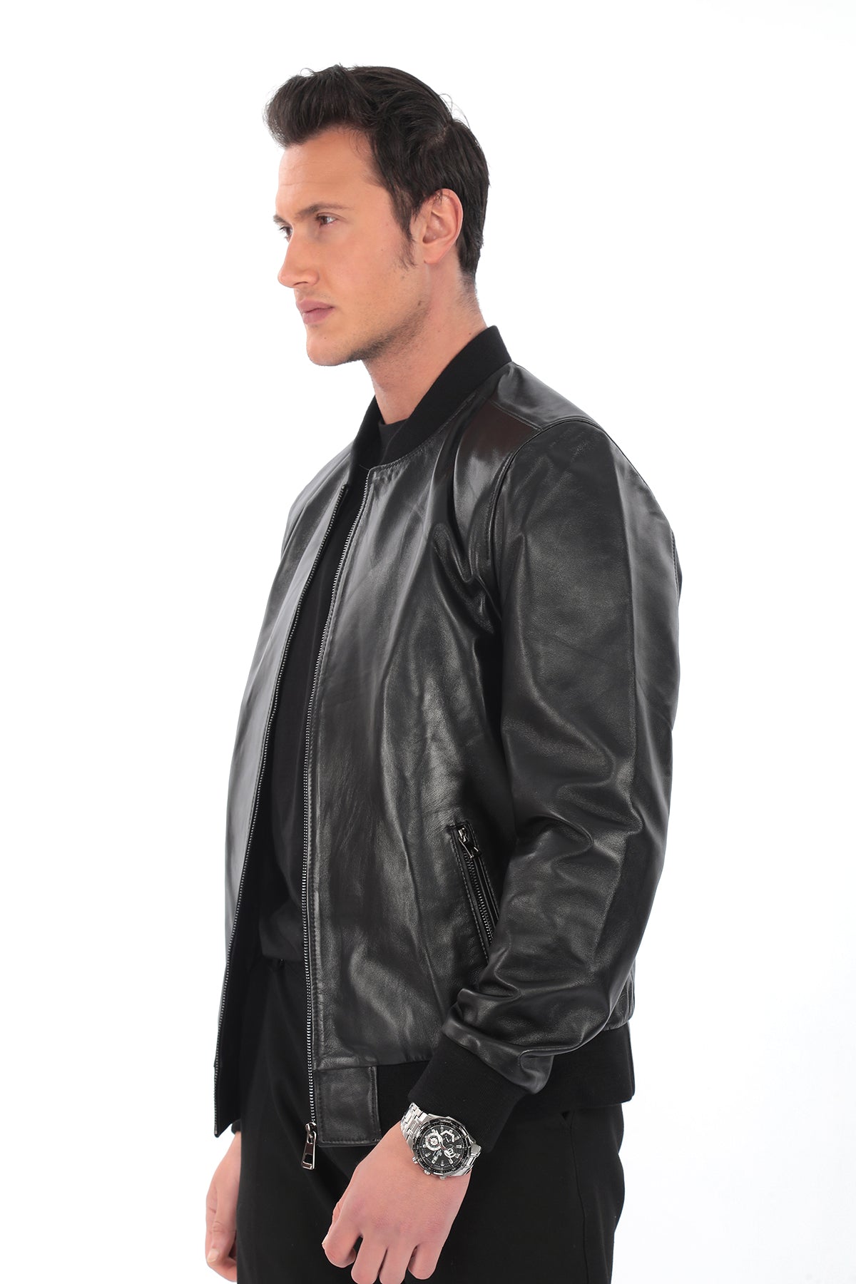 THORNE Black Genuine Leather Bomber Jacket