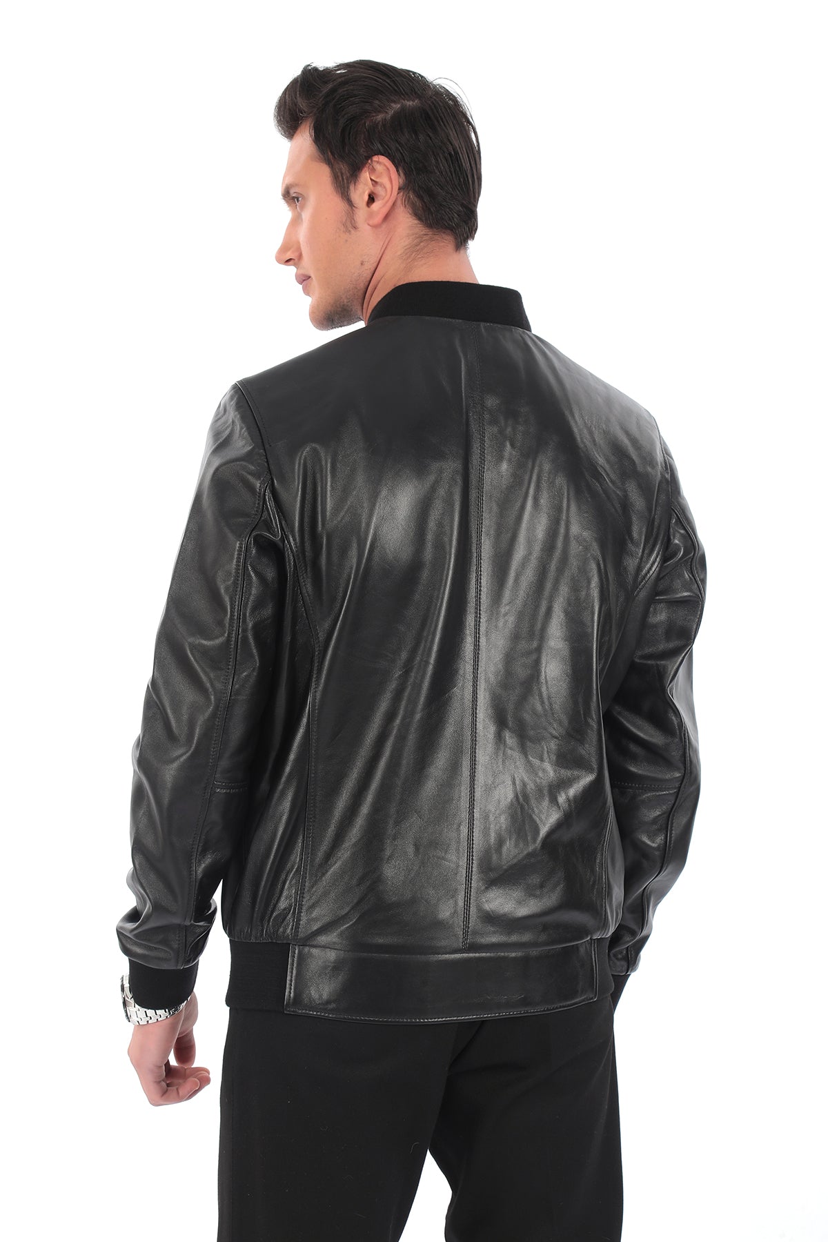 THORNE Black Genuine Leather Bomber Jacket