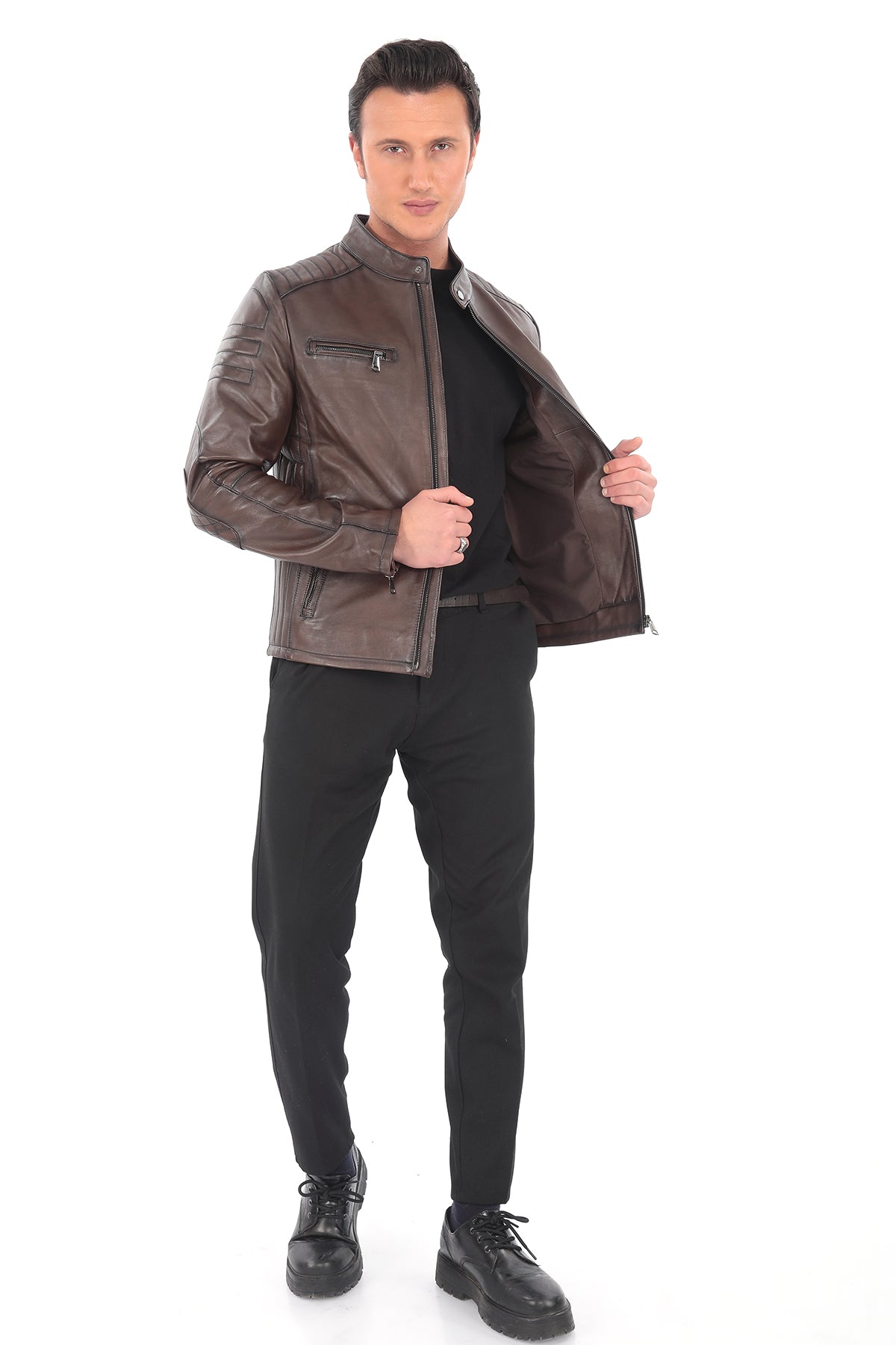 RAVEN Brown Genuine Leather Biker Jacket