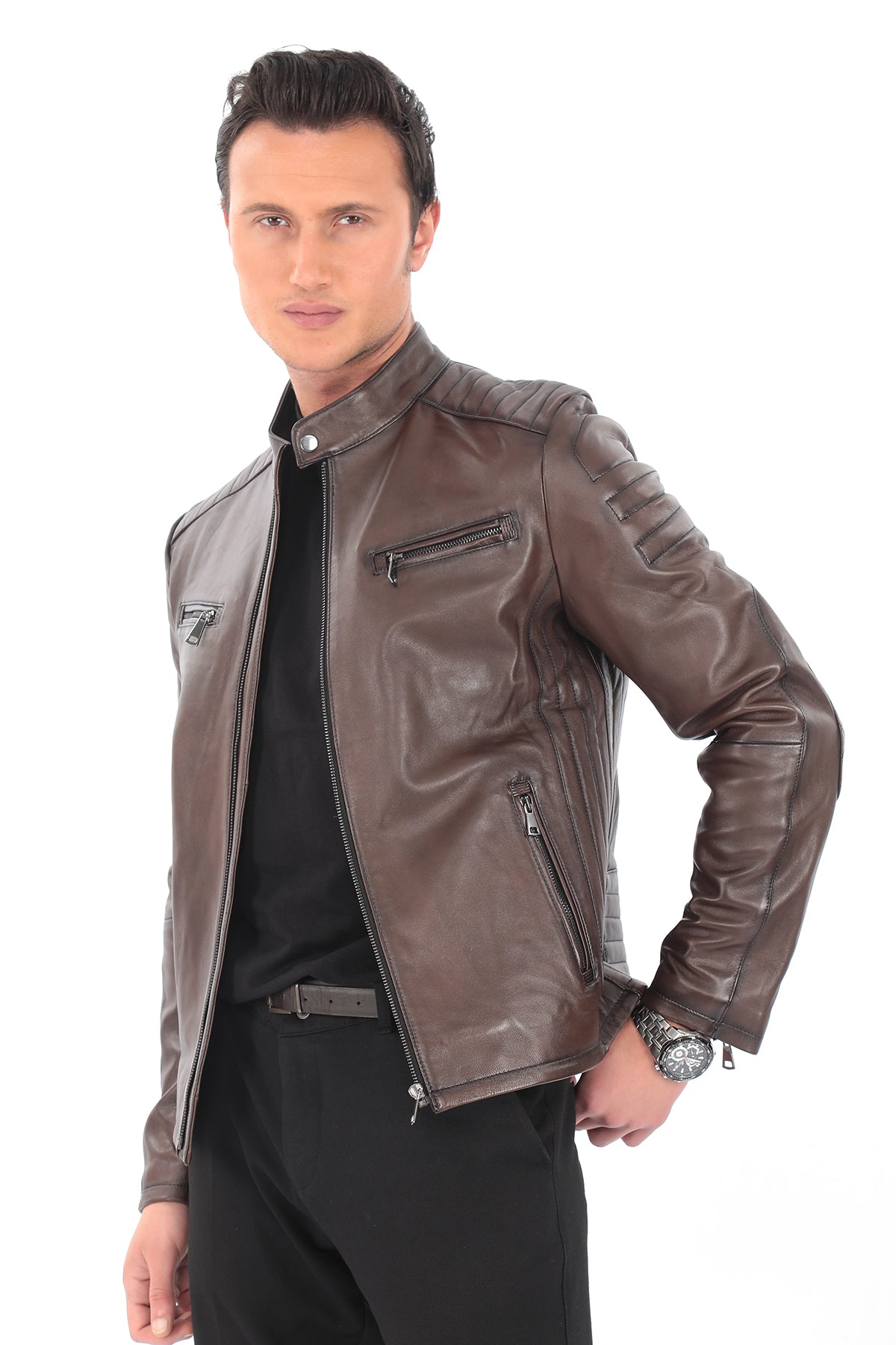RAVEN Brown Genuine Leather Biker Jacket