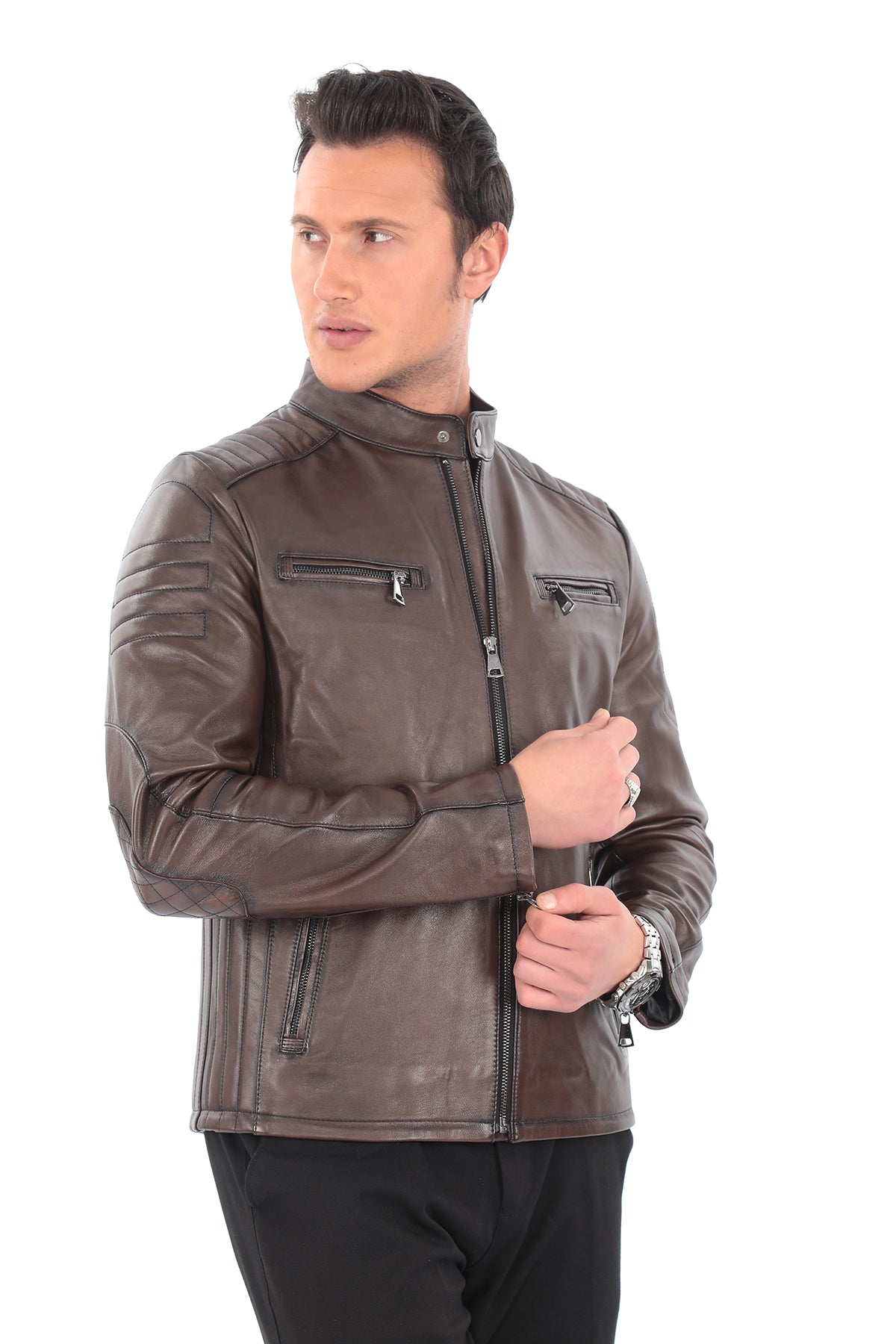 RAVEN Brown Genuine Leather Biker Jacket