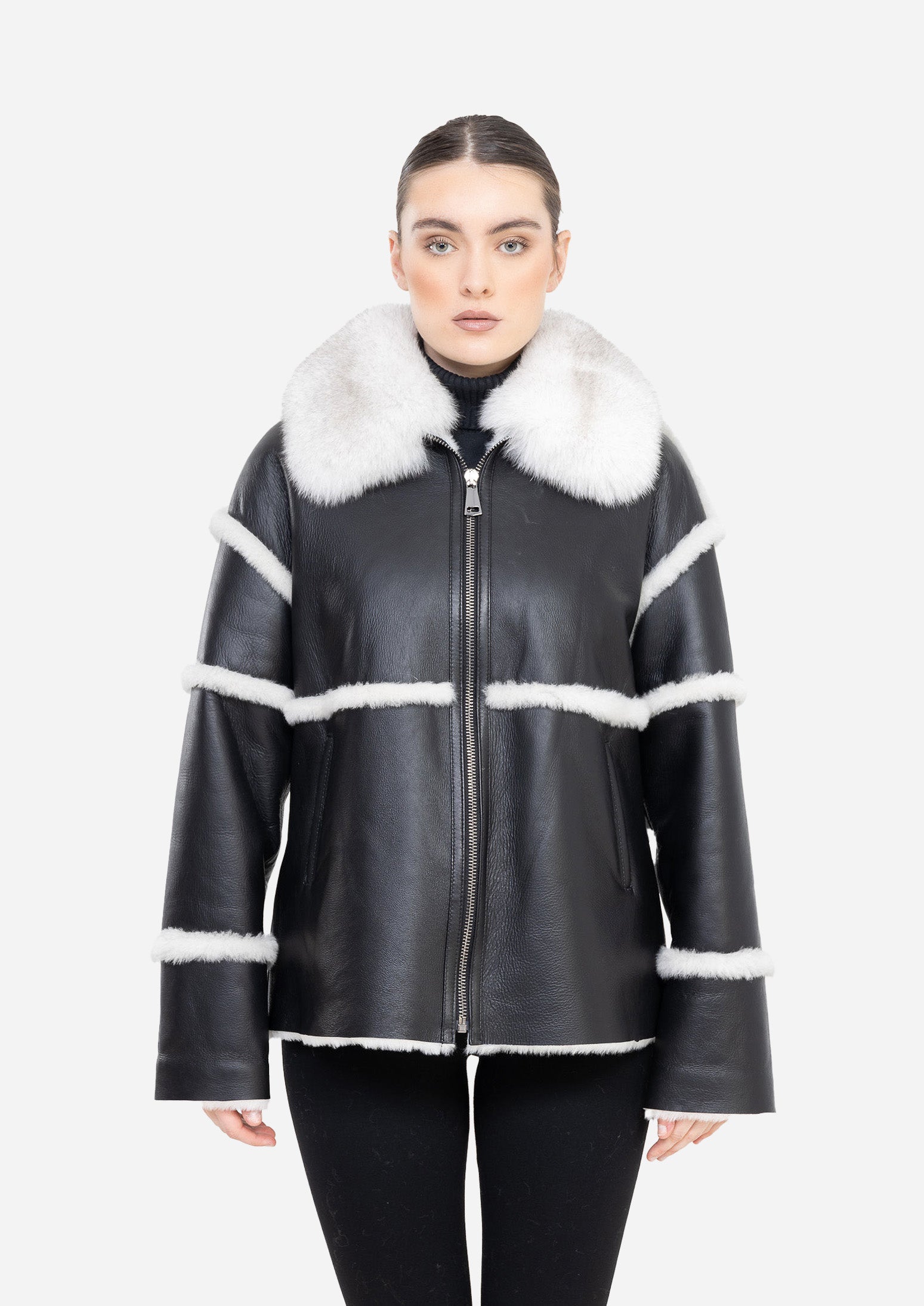 NOIR ÉCLAT – Black Shearling Leather Jacket Black-White