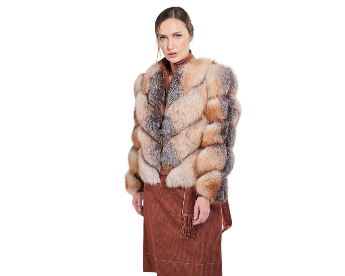 Valenza Silver Women’s Grey Genuine Fox Fur Jacket with Chevron Pattern Design Brown