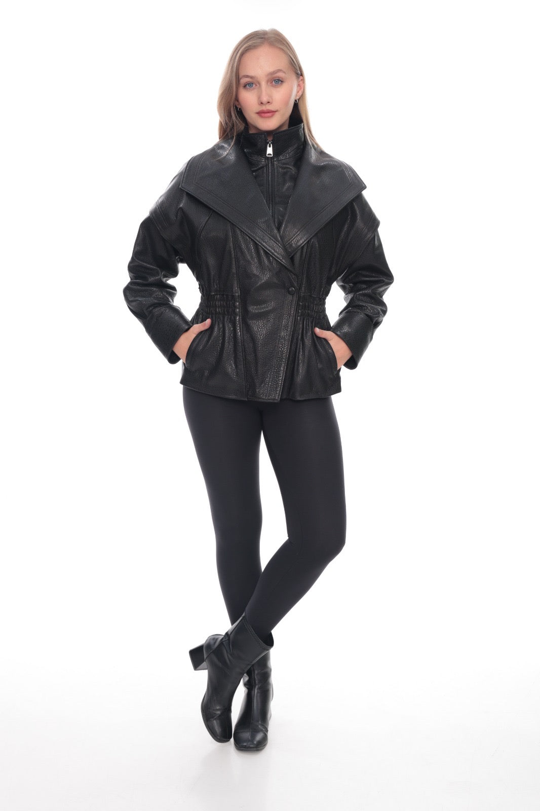 Zelvia Leather Oversized Collar Jacket