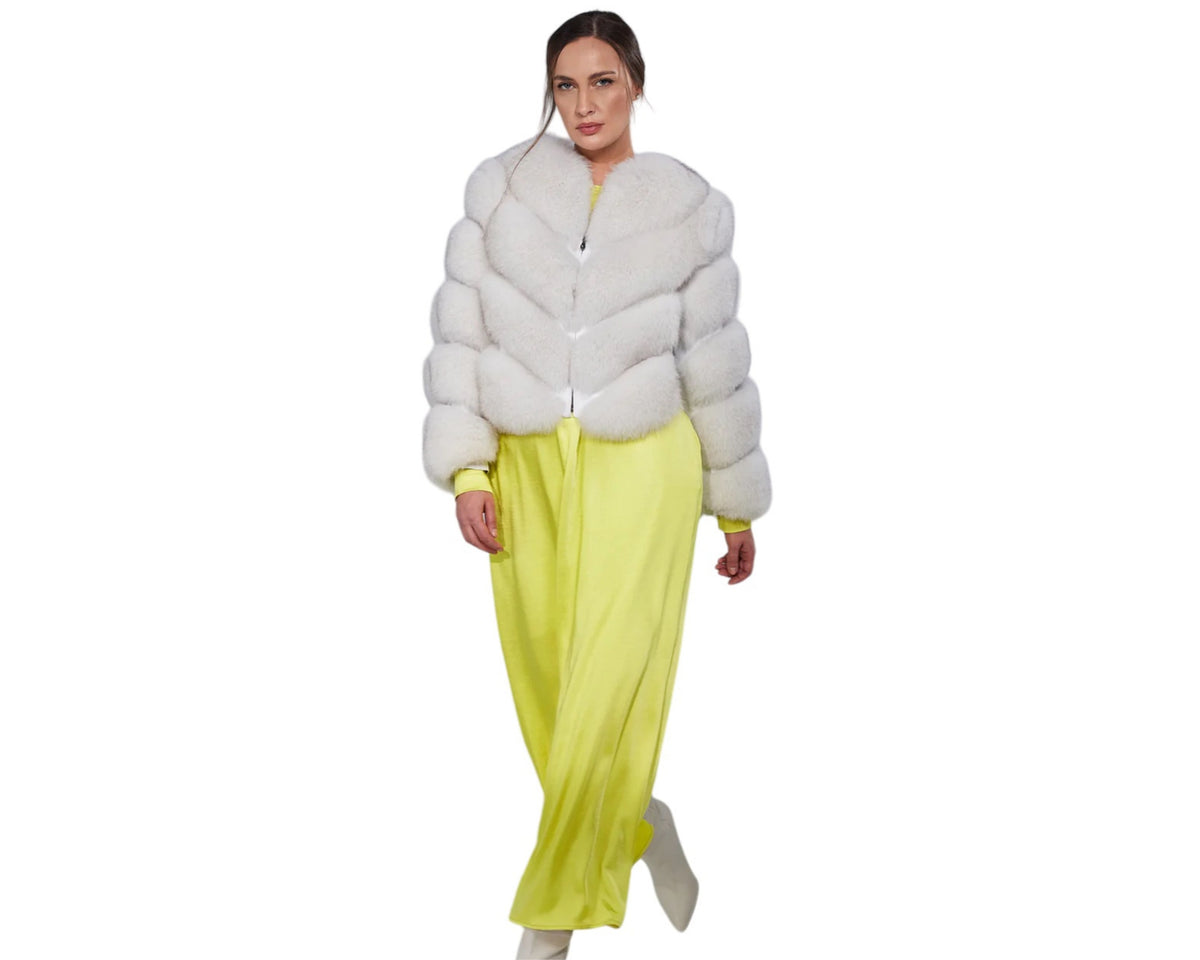 Valenza Silver Women’s Grey Genuine Fox Fur Jacket with Chevron Pattern Design White