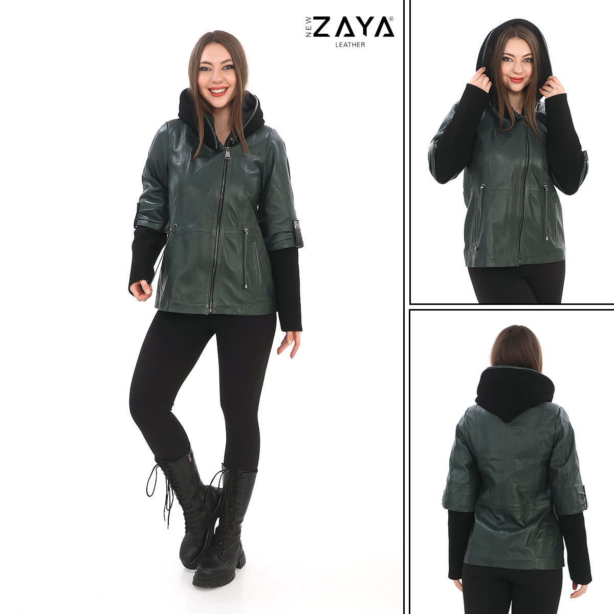 Chloe Genuine Leather khaki Hooded Jacket with Knitwear Trim