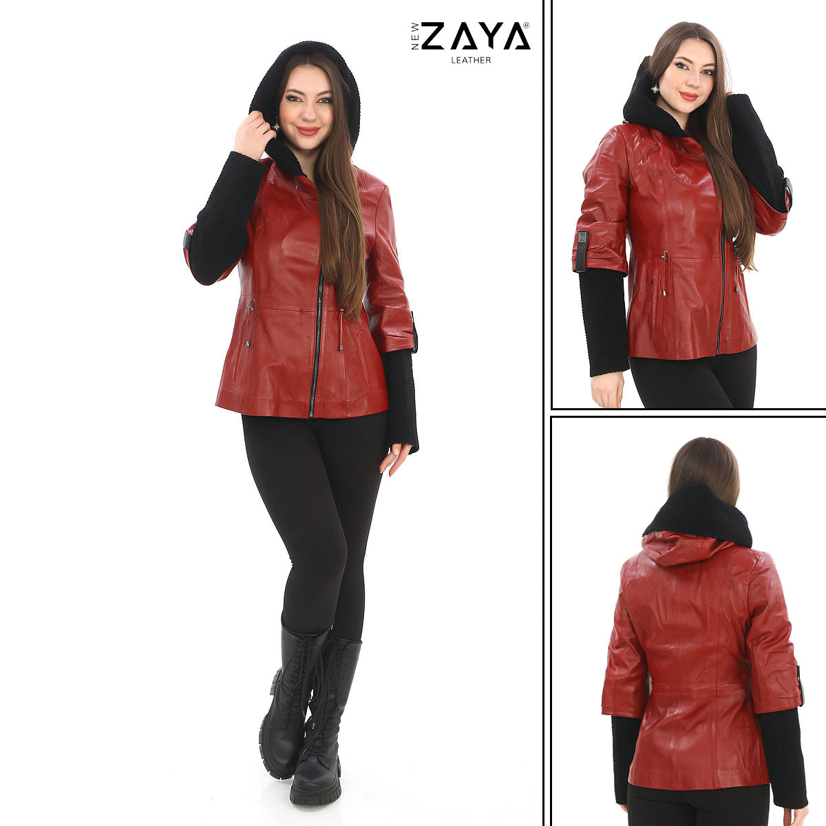 Chloe Genuine Leather Red Hooded Jacket with Knitwear Trim