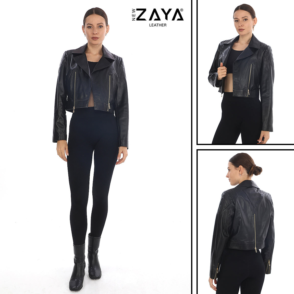 ÉCLAT NOIR – Cropped Leather Moto Jacket Black
