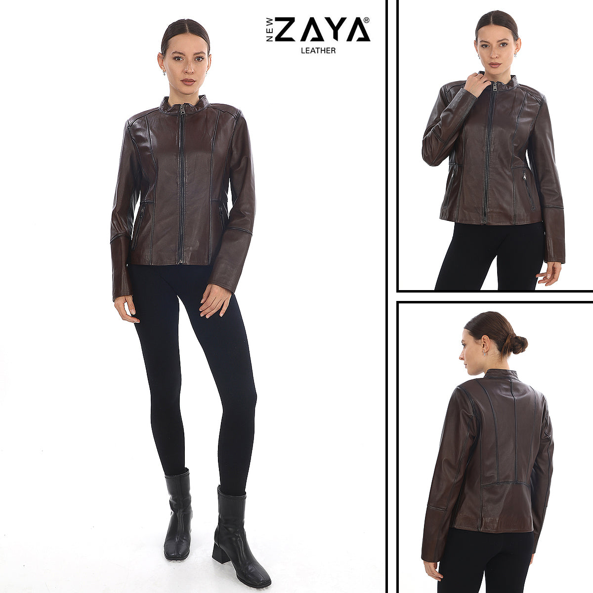 MILANO BLACK GENUINE LEATHER MINIMALIST MANDARIN COLLAR JACKET Brown