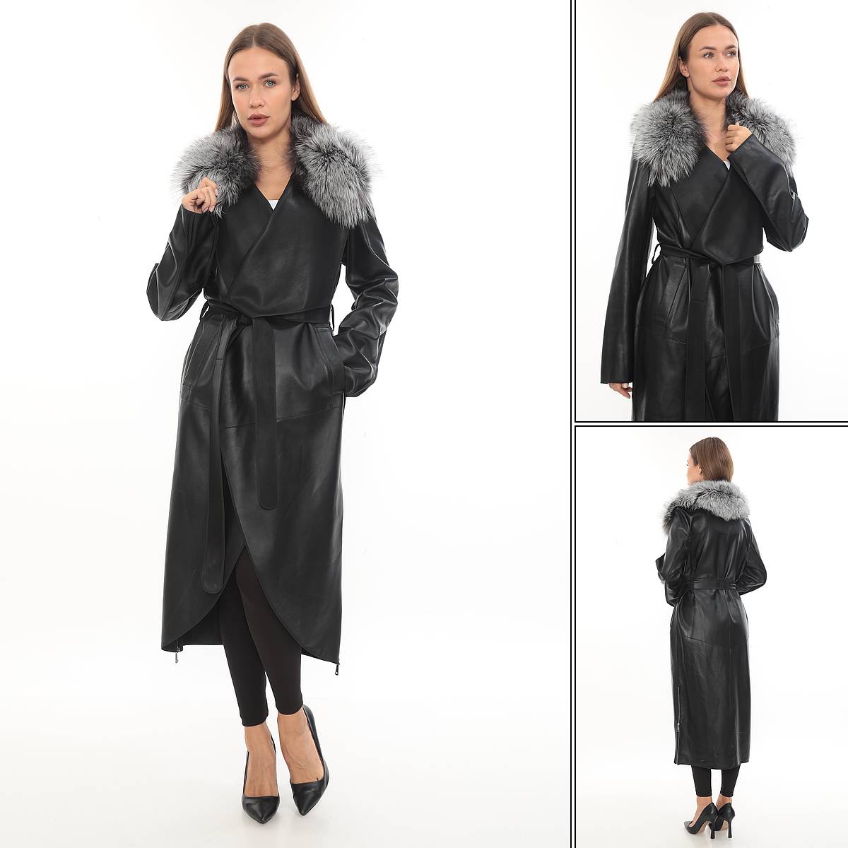 FREYA - REAL FOX FUR COLLAR BLACK GENUINE LAMBSKIN LEATHER LONG COAT