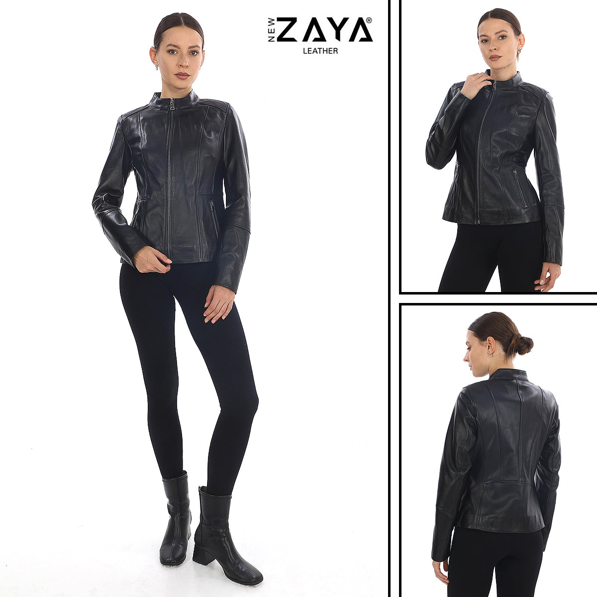 MILANO BLACK GENUINE LEATHER MINIMALIST MANDARIN COLLAR JACKET Black
