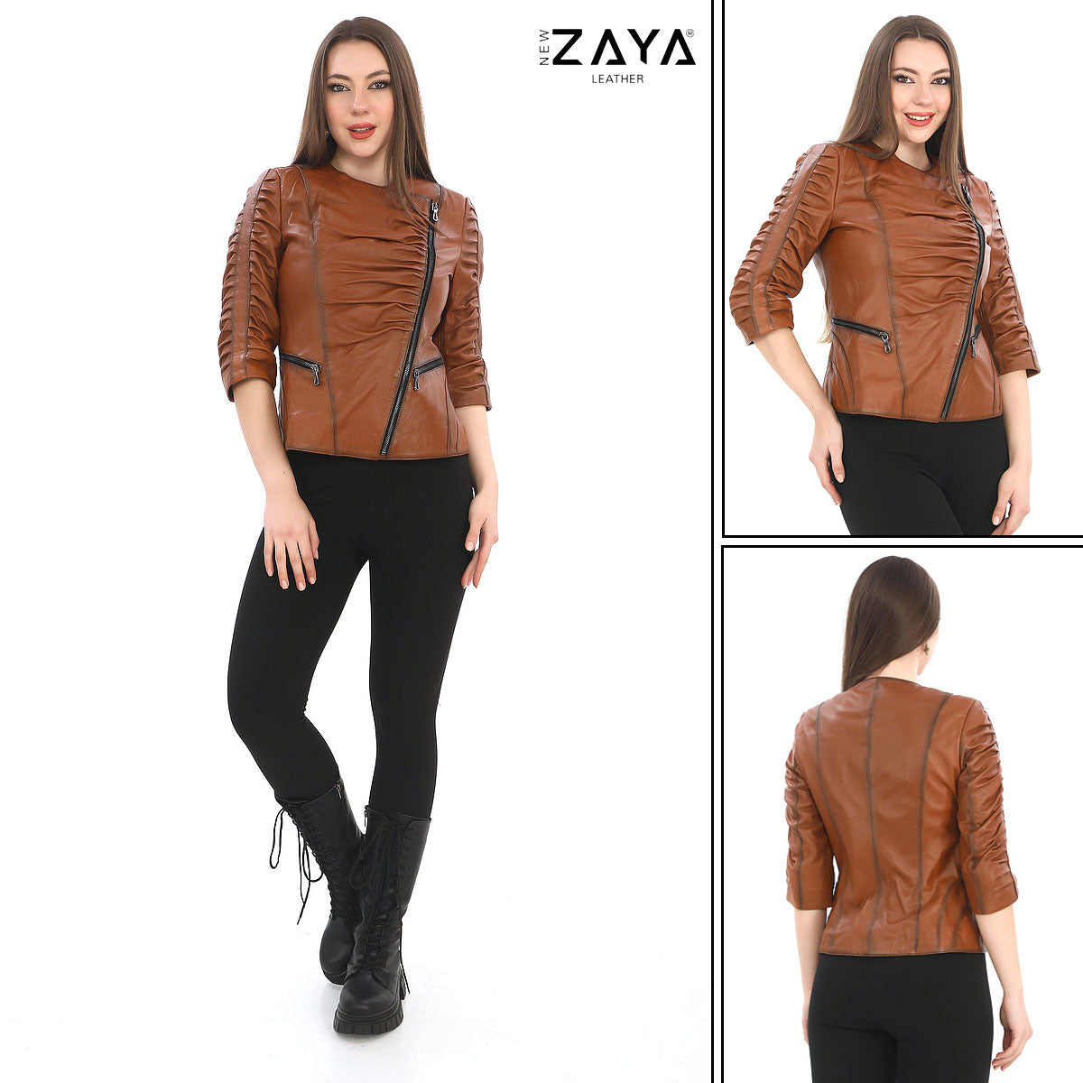 ÉLANORA COGNAC – Ruched Leather Statement Jacket
