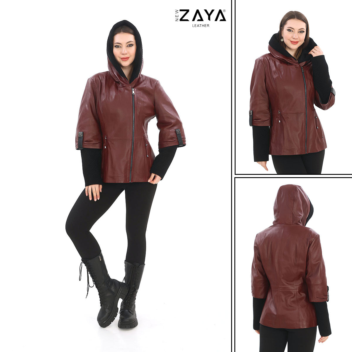 Chloe Genuine Leather Burgundy Hooded Jacket with Knitwear Trim
