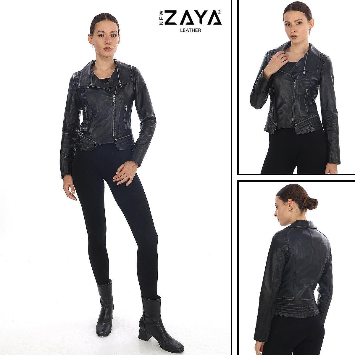 AURÉLIA STONE – Asymmetrical Leather Biker Jacket Black