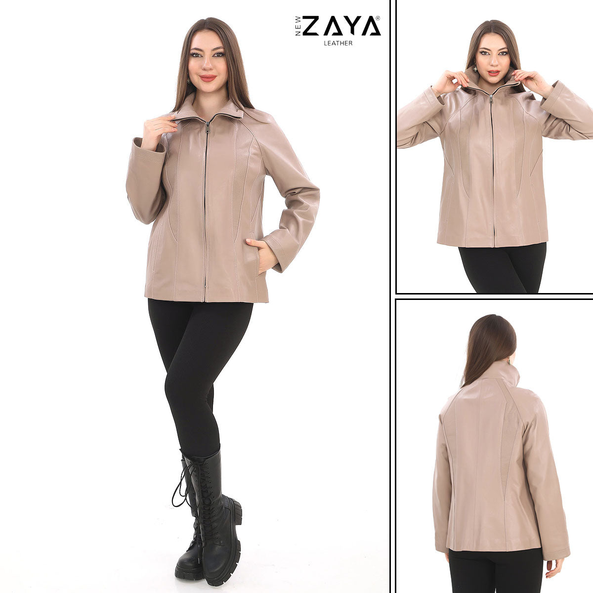 AURA BEIGE GENUINE LEATHER PERFORATED DETAILED JACKET