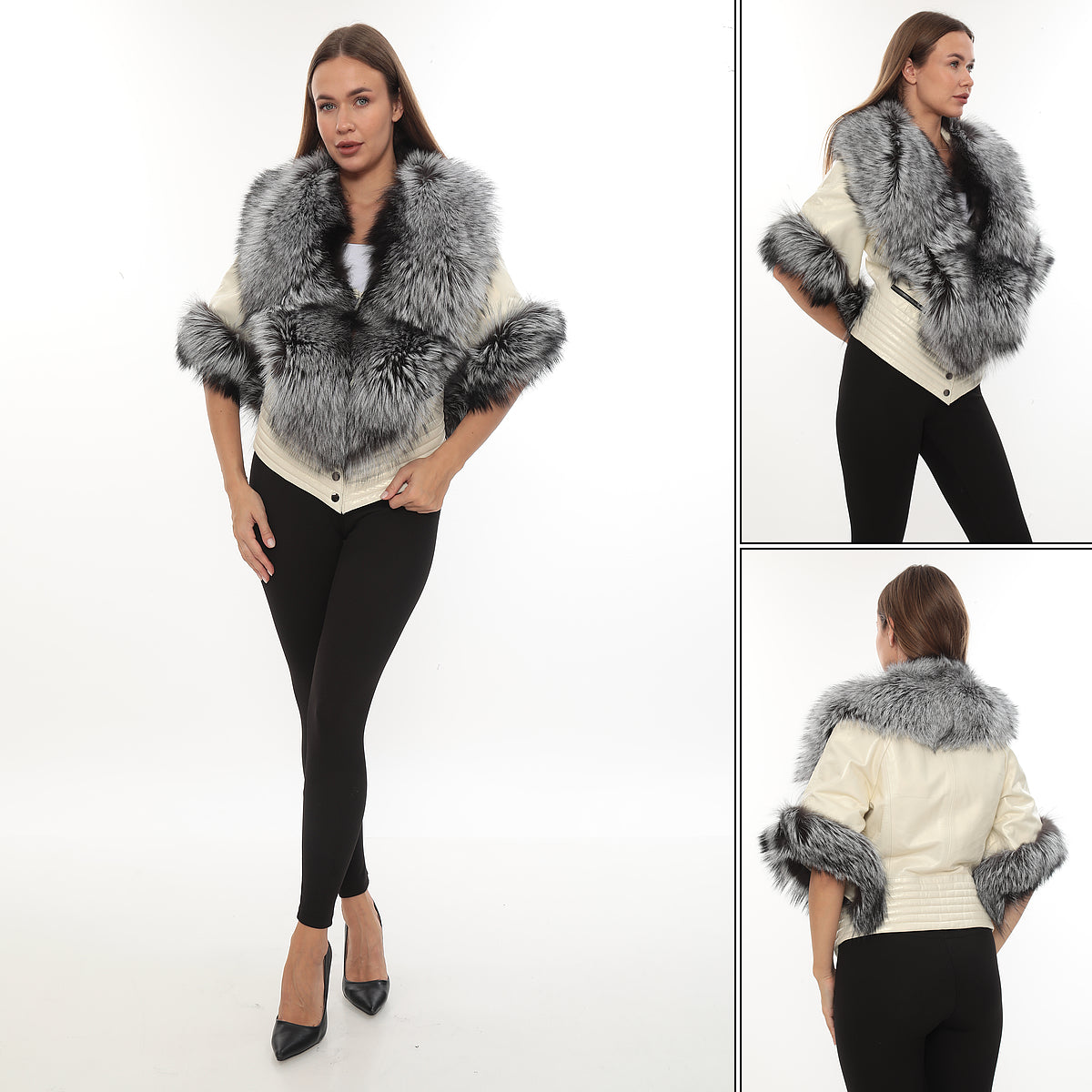 NOIR ÉLÉGANCE Women’s Beige Leather Jacket with Silver Fox Fur