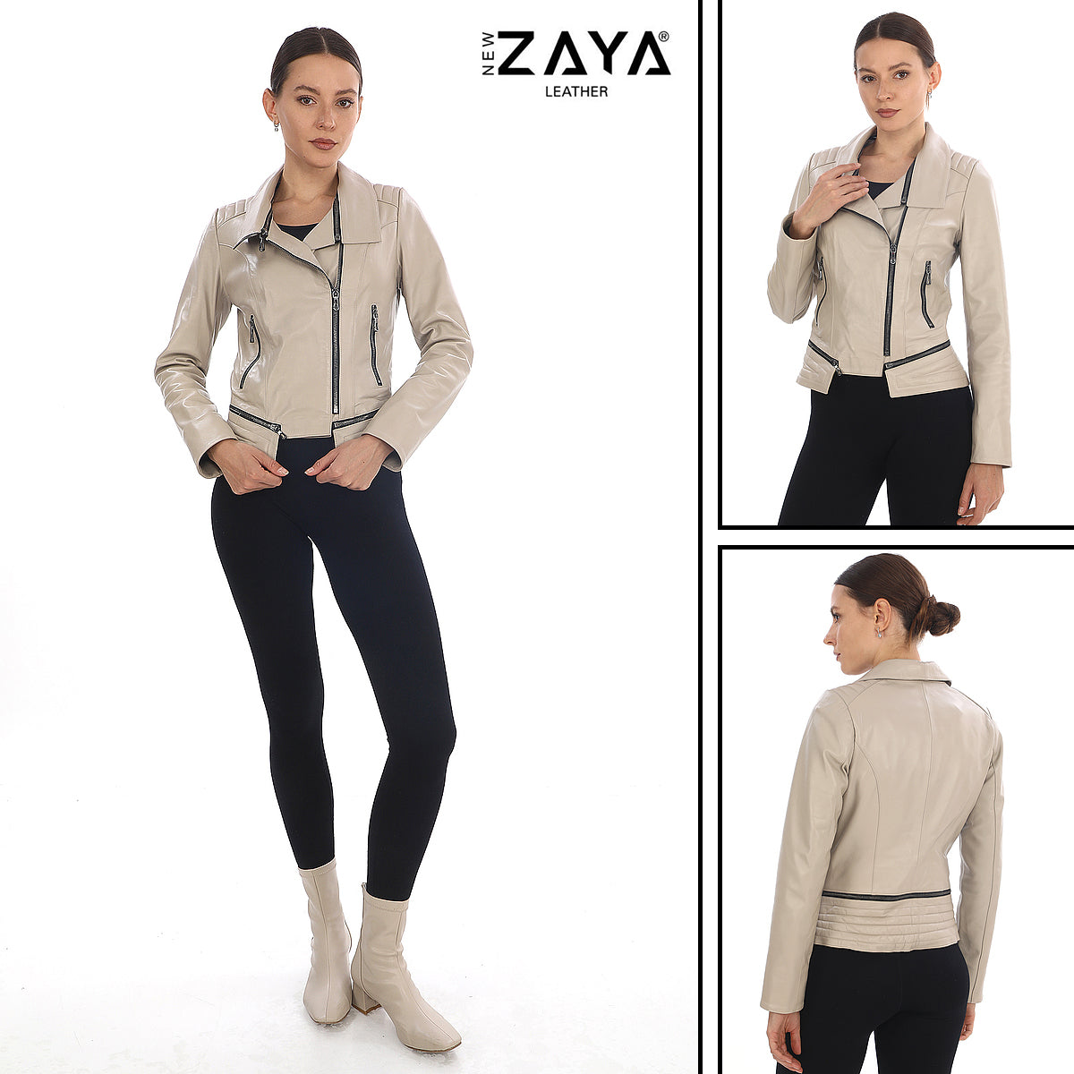 AURÉLIA STONE – Asymmetrical Leather Biker Jacket Beige