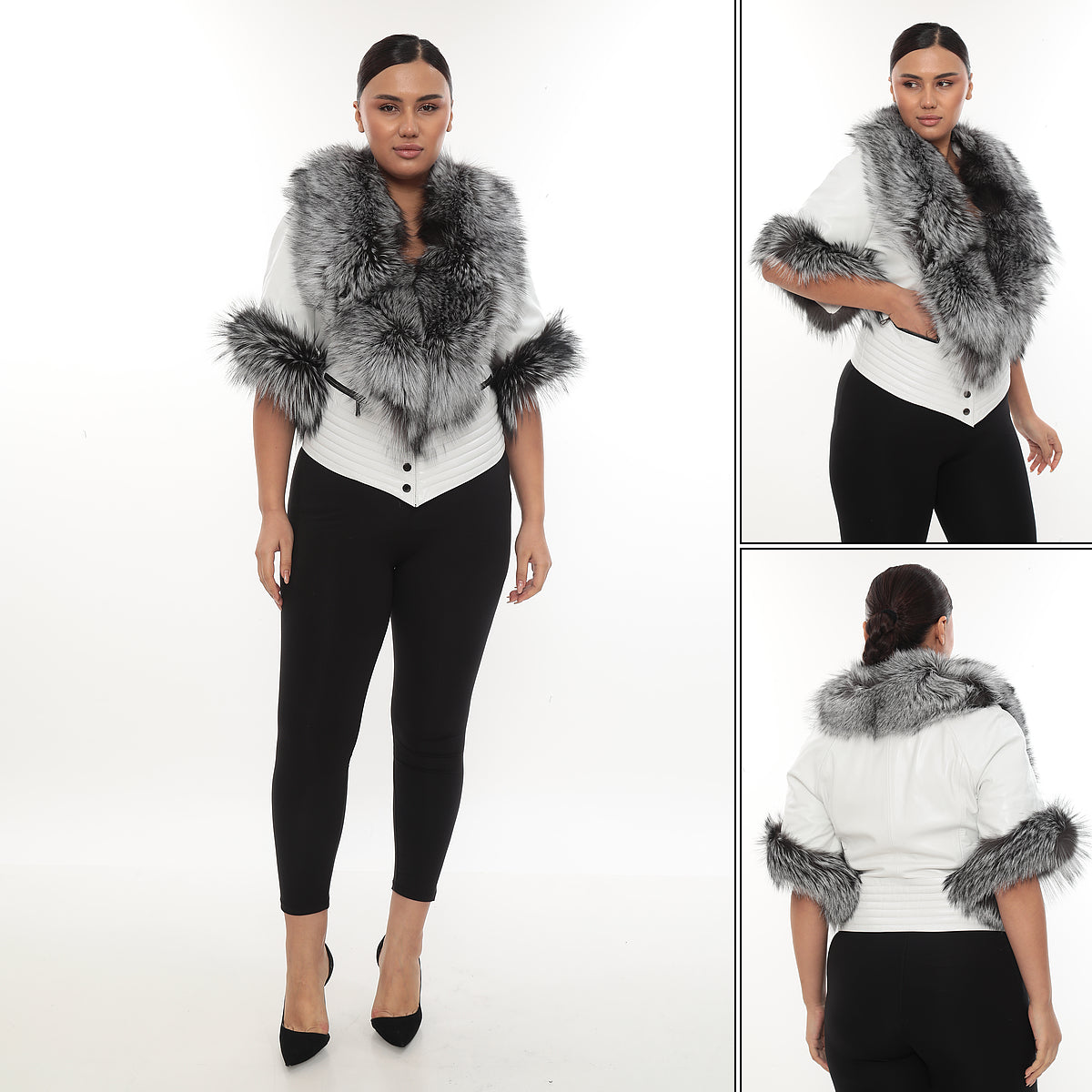 NOIR ÉLÉGANCE Women’s White Leather Jacket with Silver Fox Fur