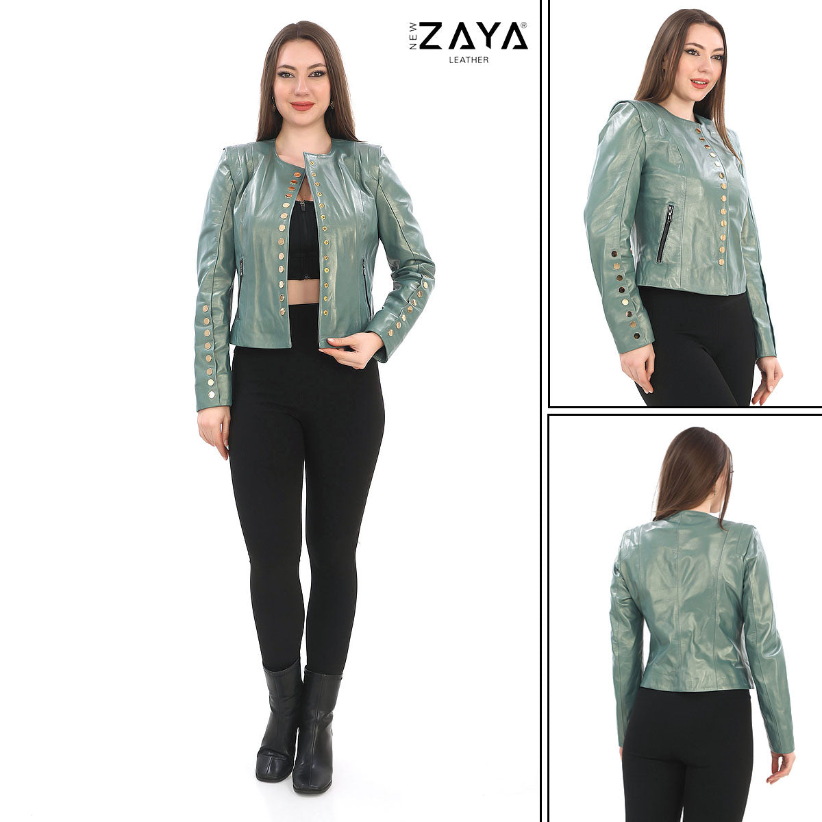 SELENE MINTA – Studded Mint Leather Jacket