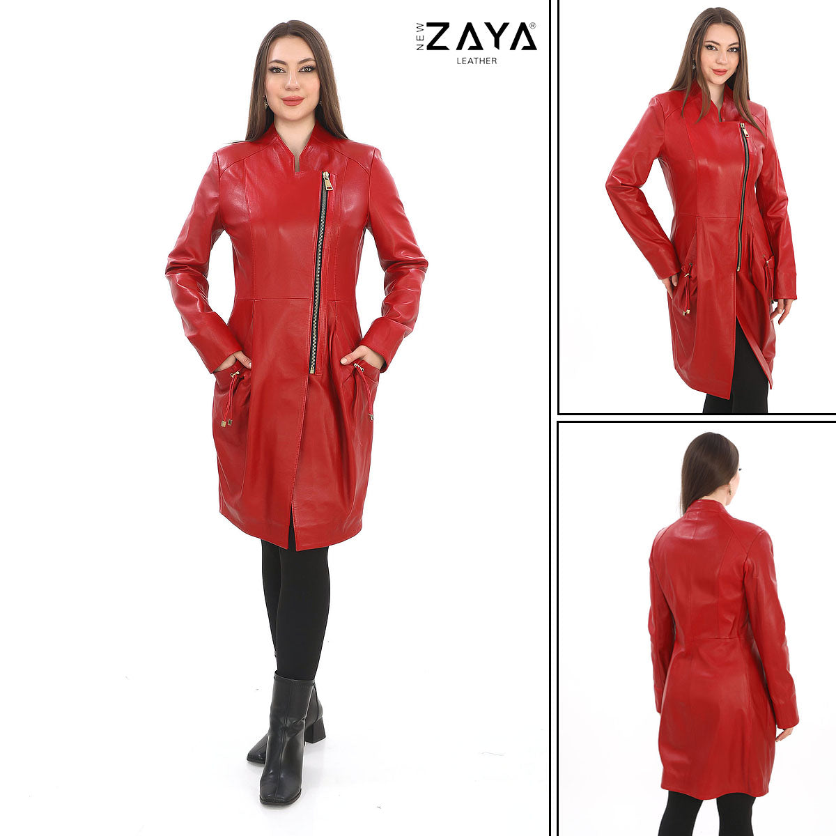 SCARLET Asymmetric ZIP Black Genuine Lambskin Leather Trench Red