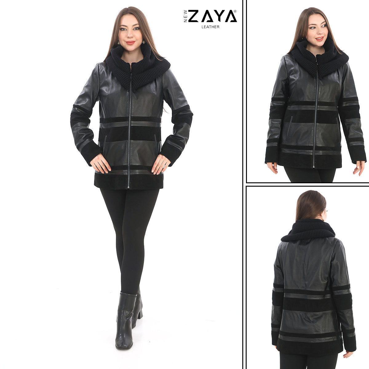 Aurevine Women’s Black Genuine Leather Jacket with Knit Shawl Collar and Suede Contrast Panels