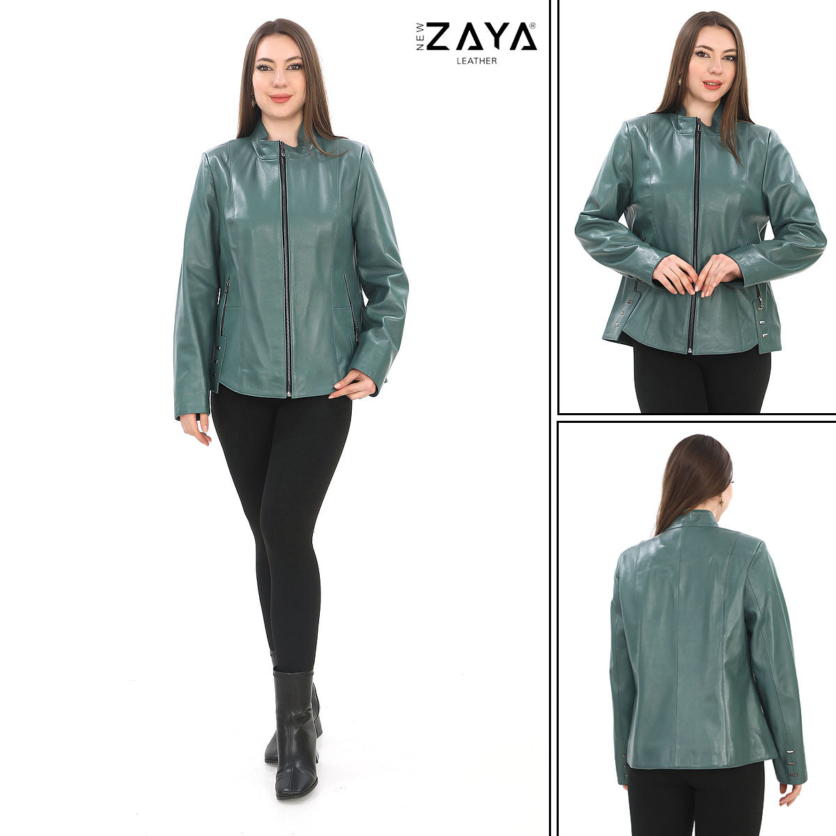 Hazel -Mint Green Stand Collar Genuine Leather Jacket