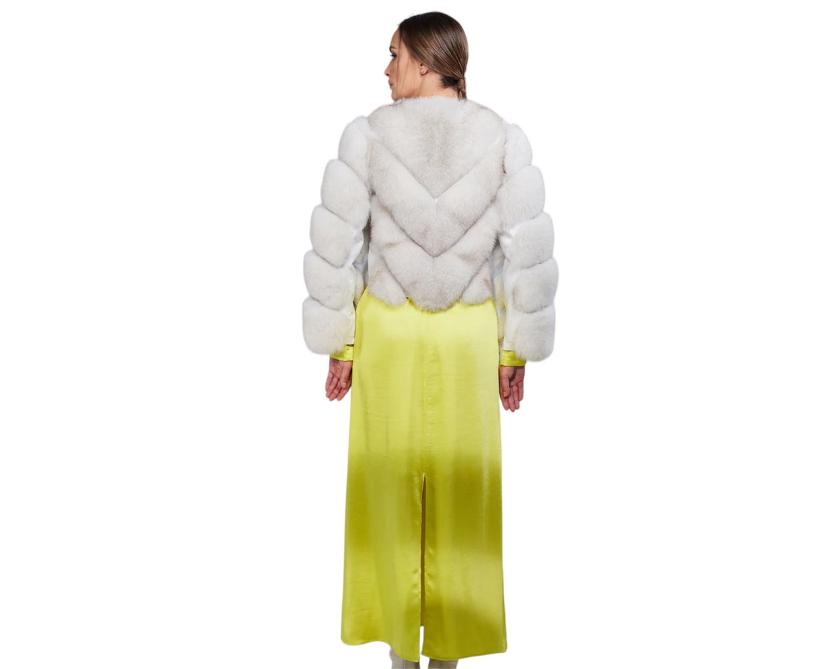 Valenza Silver Women’s Grey Genuine Fox Fur Jacket with Chevron Pattern Design White