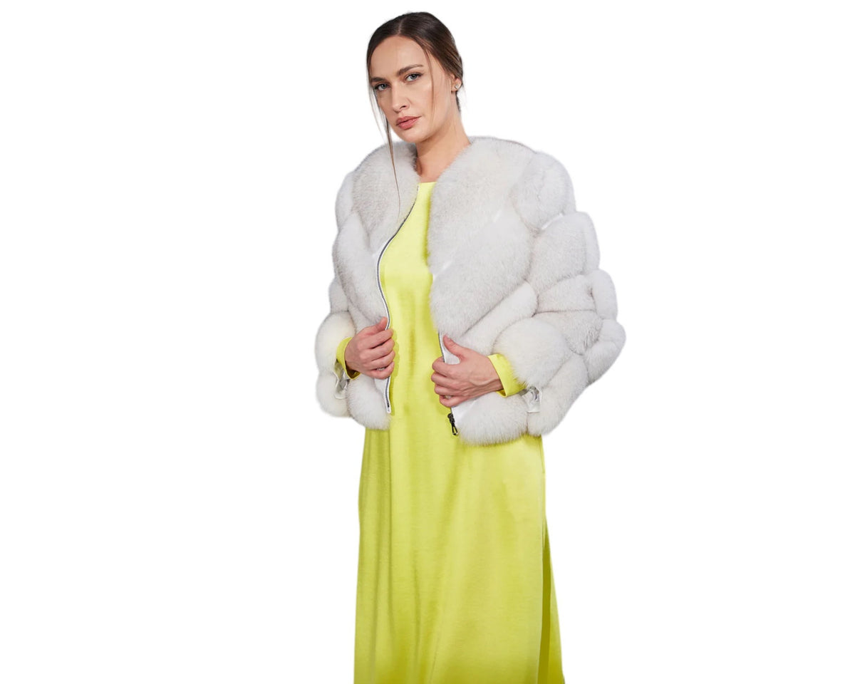 Valenza Silver Women’s Grey Genuine Fox Fur Jacket with Chevron Pattern Design White