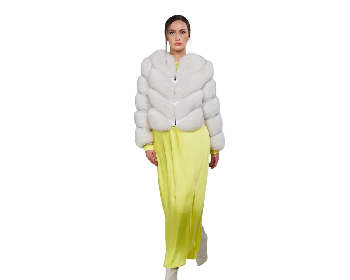 Valenza Silver Women’s Grey Genuine Fox Fur Jacket with Chevron Pattern Design White