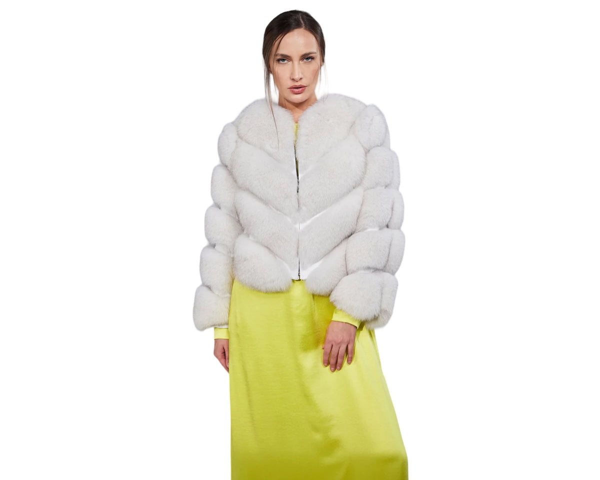 Valenza Silver Women’s Grey Genuine Fox Fur Jacket with Chevron Pattern Design White