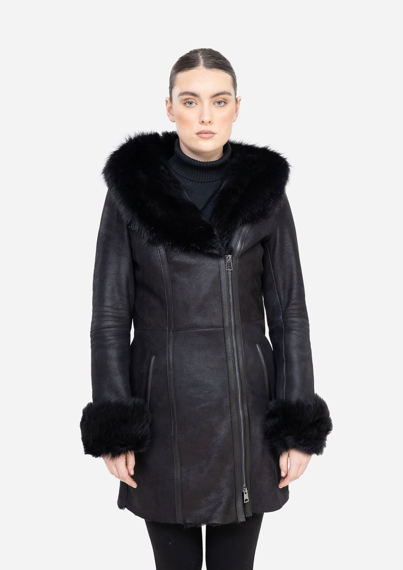VAYLEN Black Hooded Shearling Coat