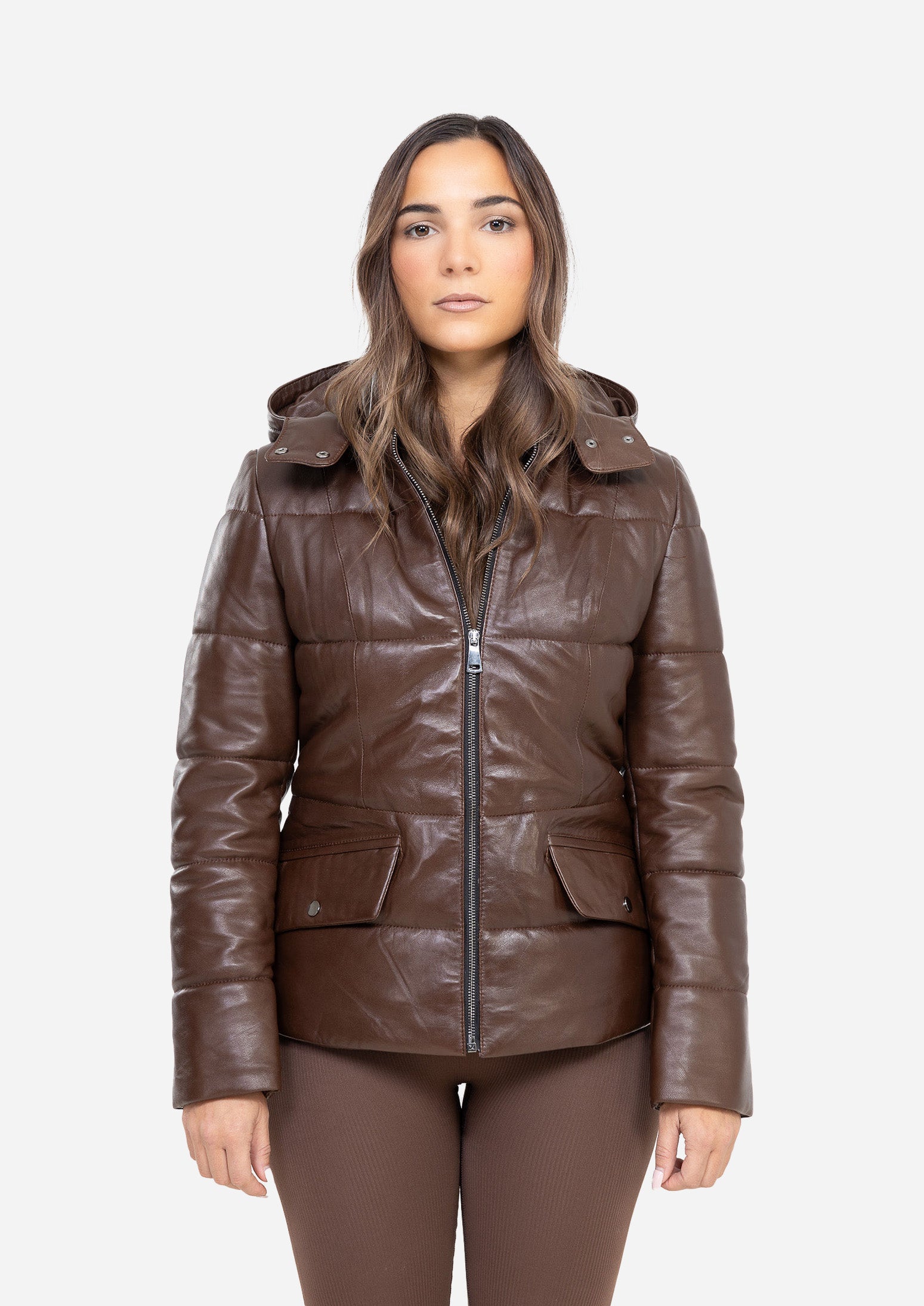 SIERRA HOODED BROWN GENUINE LEATHER PUFFER JACKET