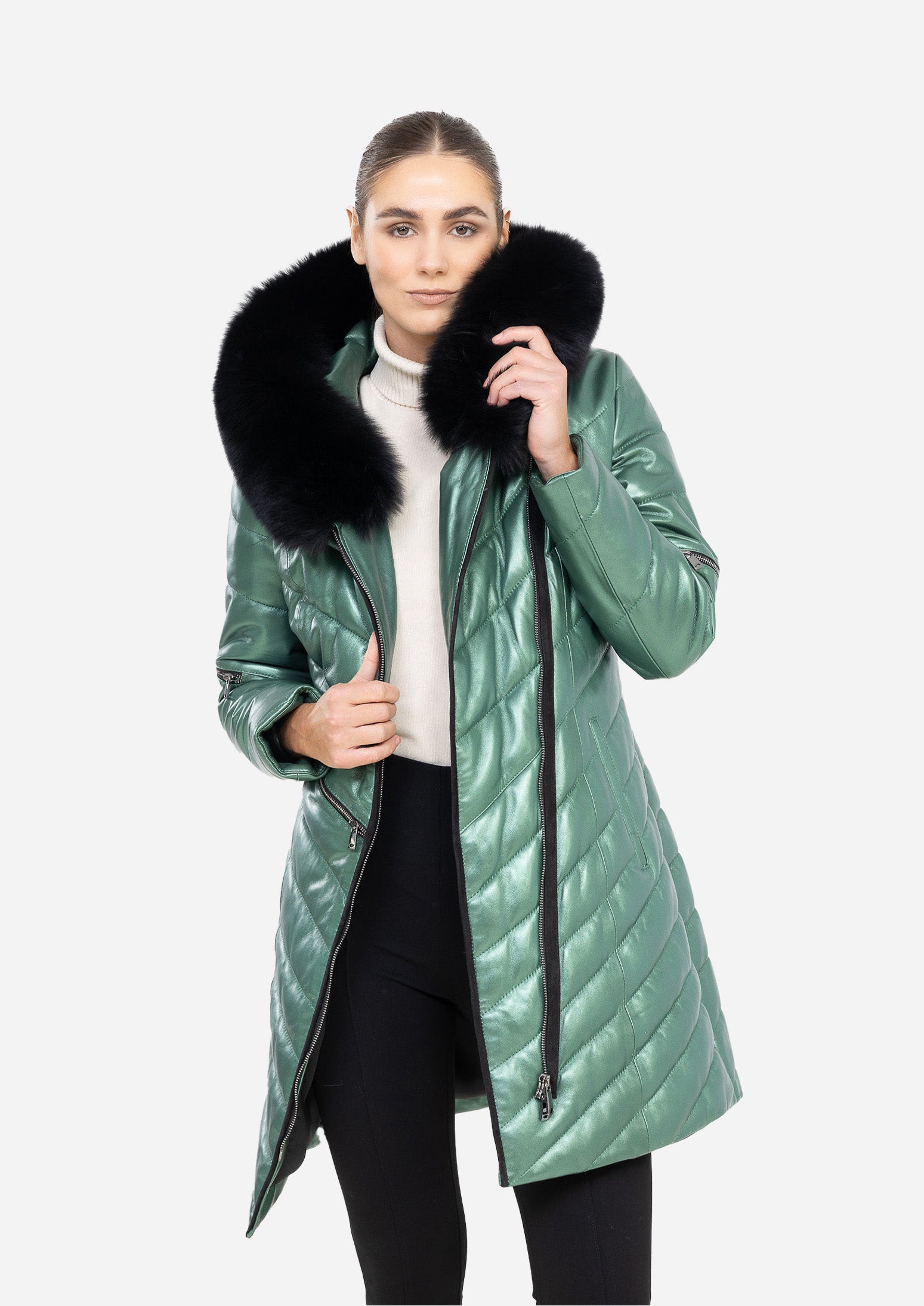 LUNÉVA MINT SAGE – Fur Collar Leather Down Puffer Parka