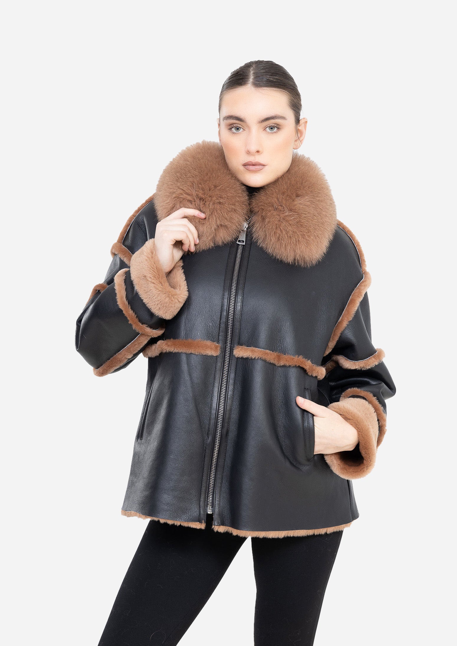 NOIR ÉCLAT – Black Shearling Leather Jacket Black-Brown