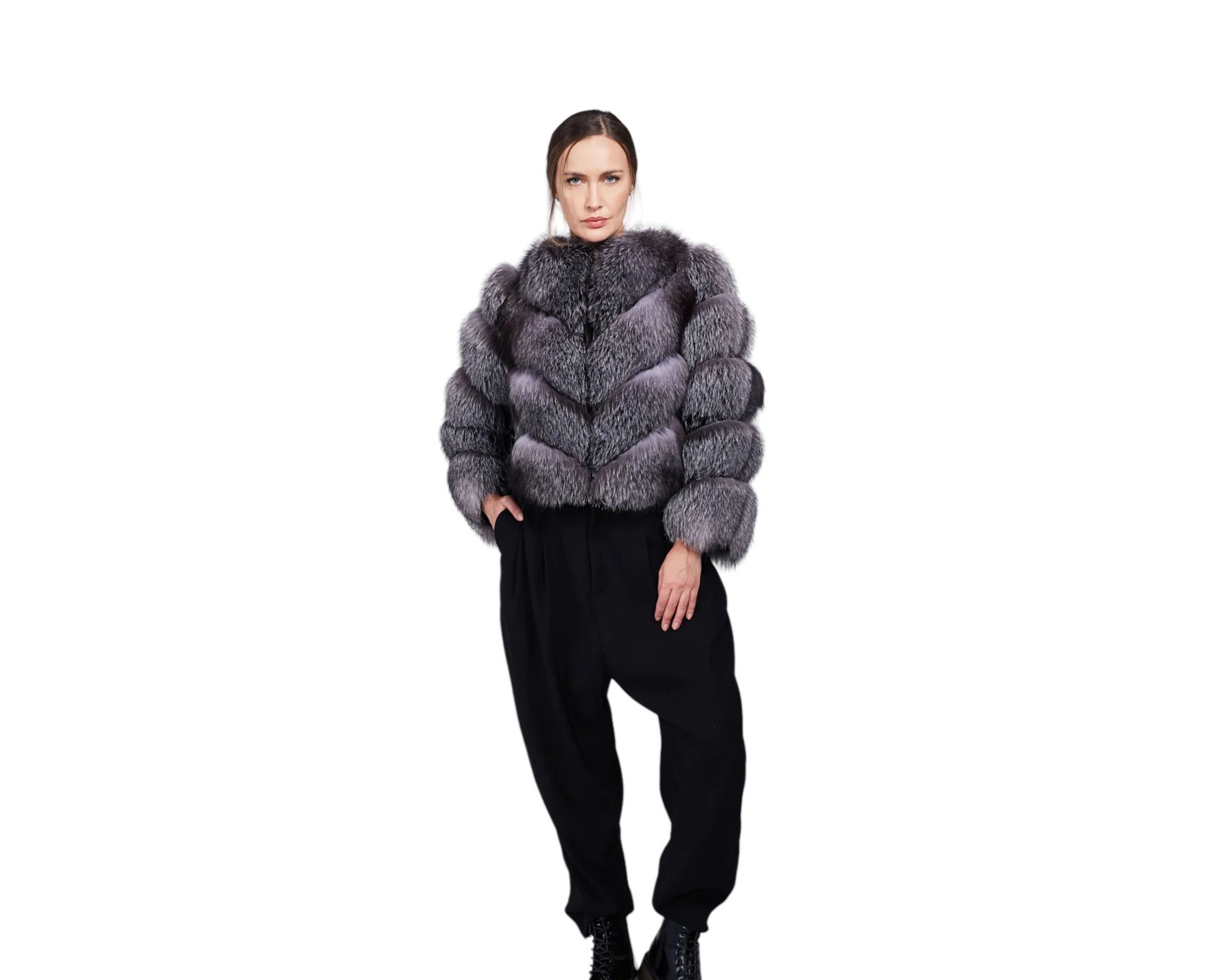 Valenza Silver Women’s Grey Genuine Fox Fur Jacket with Chevron Pattern Design