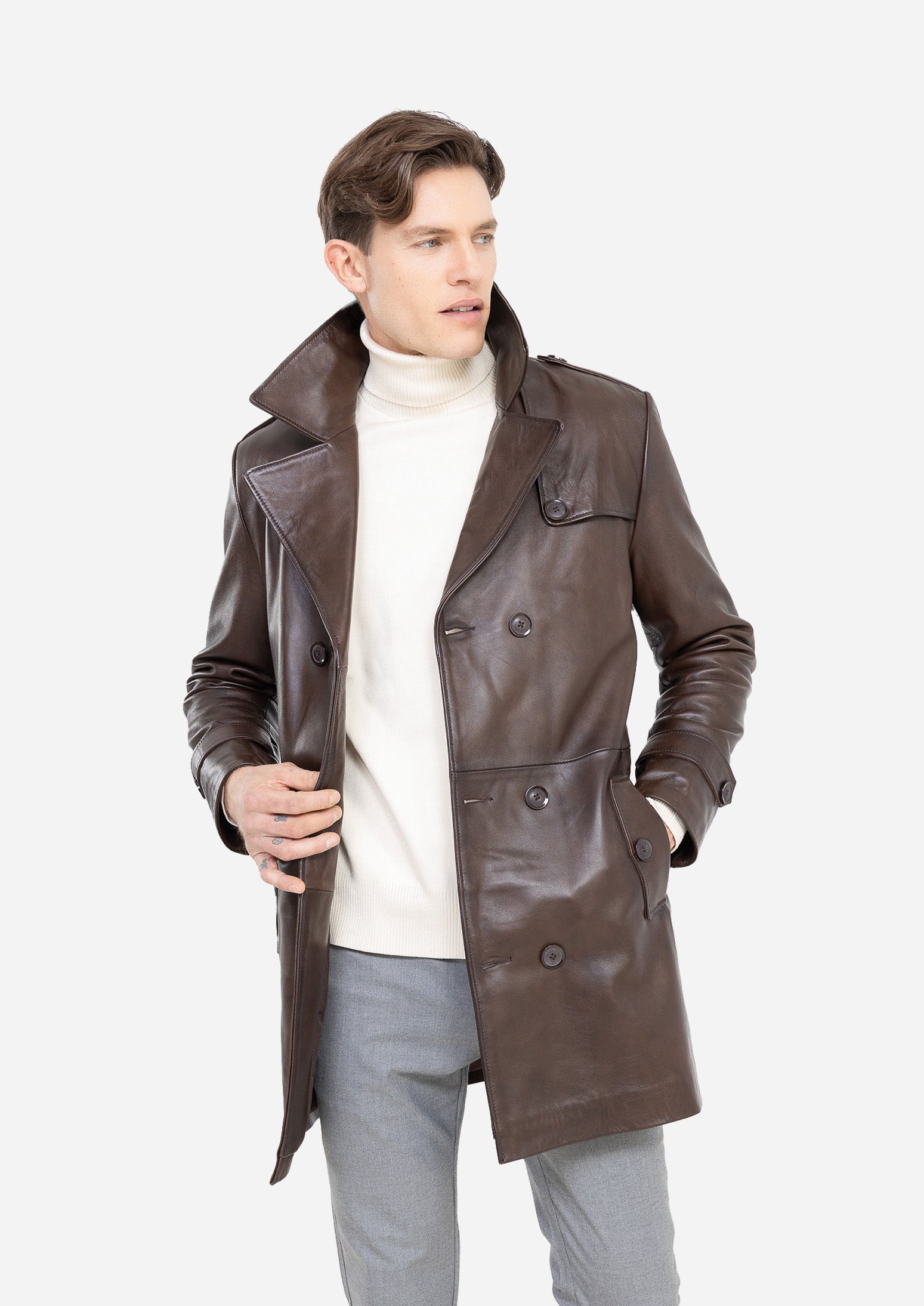 LUCK Brown Genuine Lambskin Leather Trench Coat