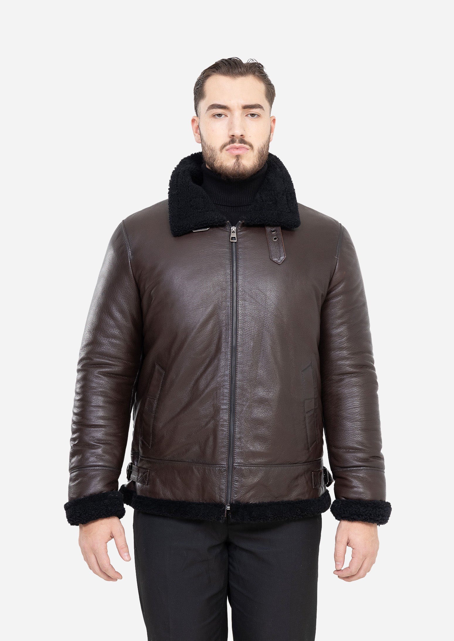 Cortina Genuine Lambskin Brown Leather Aviator Jacket with Authentic Cream Fox Fur Trim