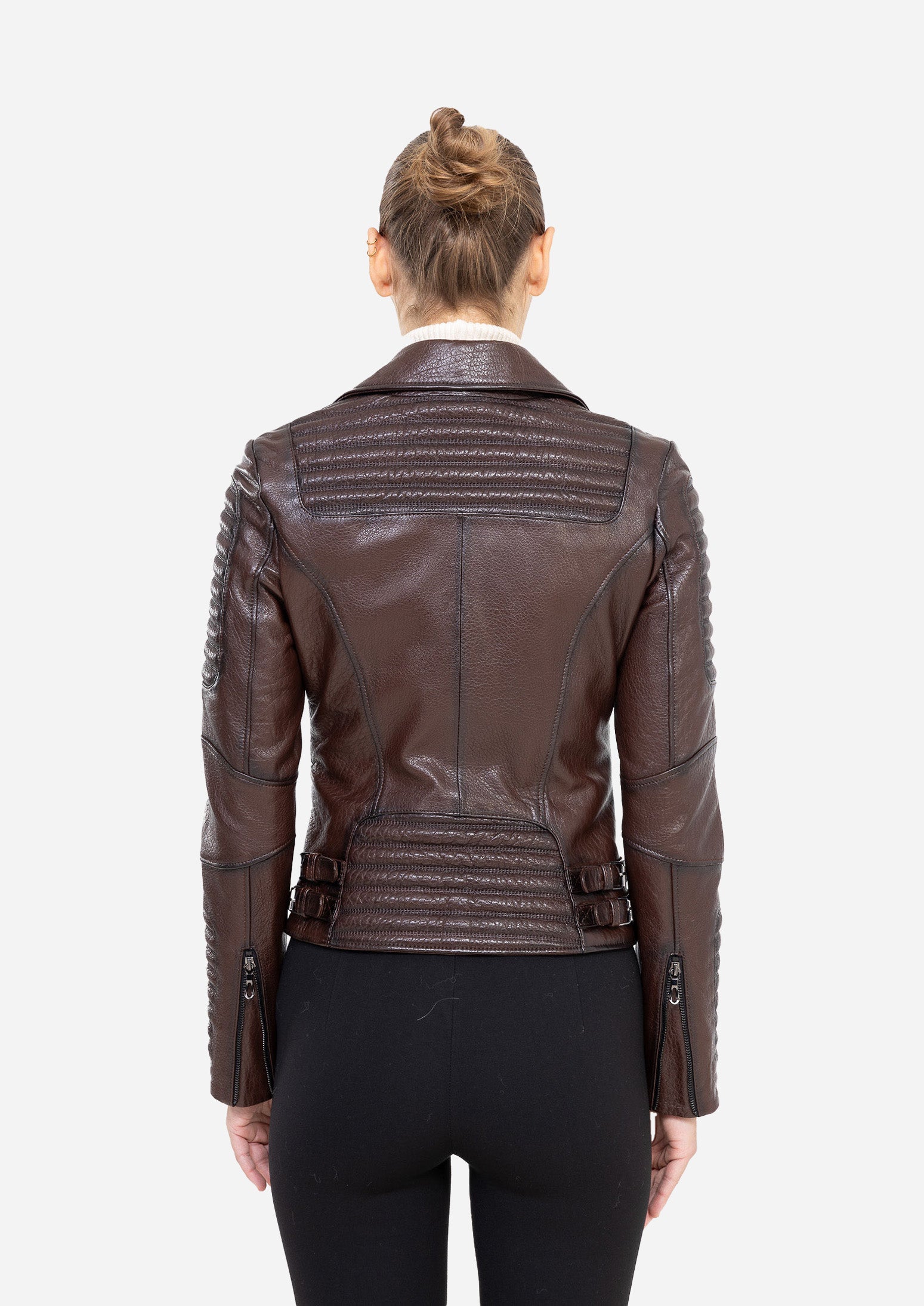 AURELIA NOIR – Ribbed Biker Leather Jacket Brown