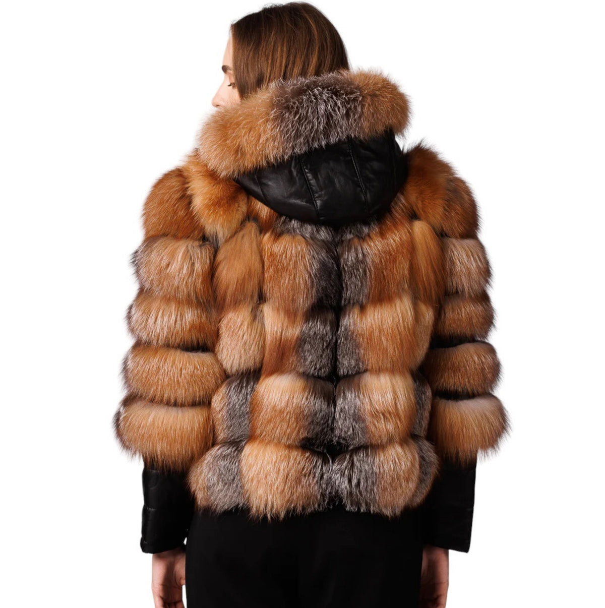 Sorelia Brown Fox Women’s Hooded Genuine Fox Fur Jacket with Leather Details