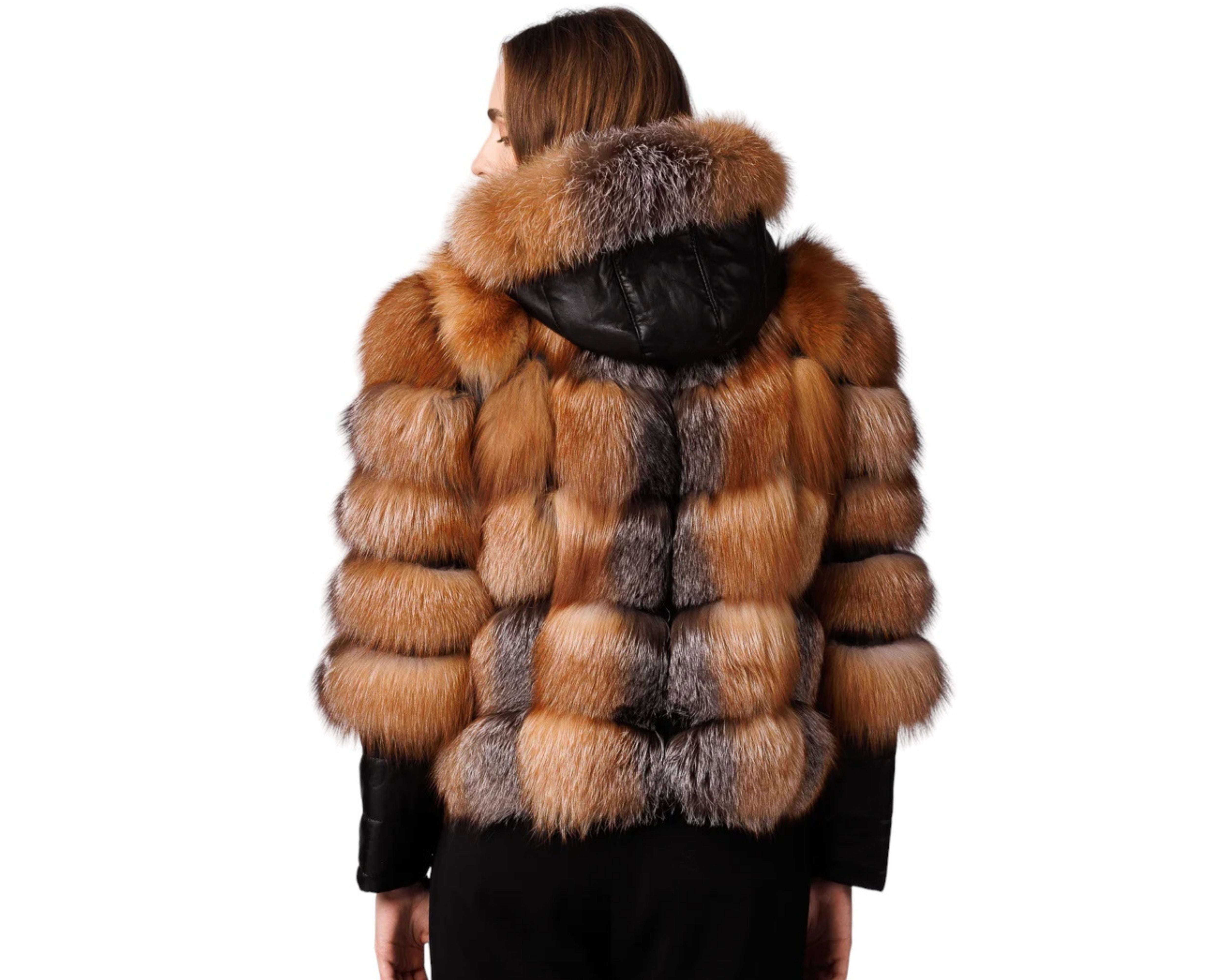 Sorelia Brown Fox Women’s Hooded Genuine Fox Fur Jacket with Leather Details