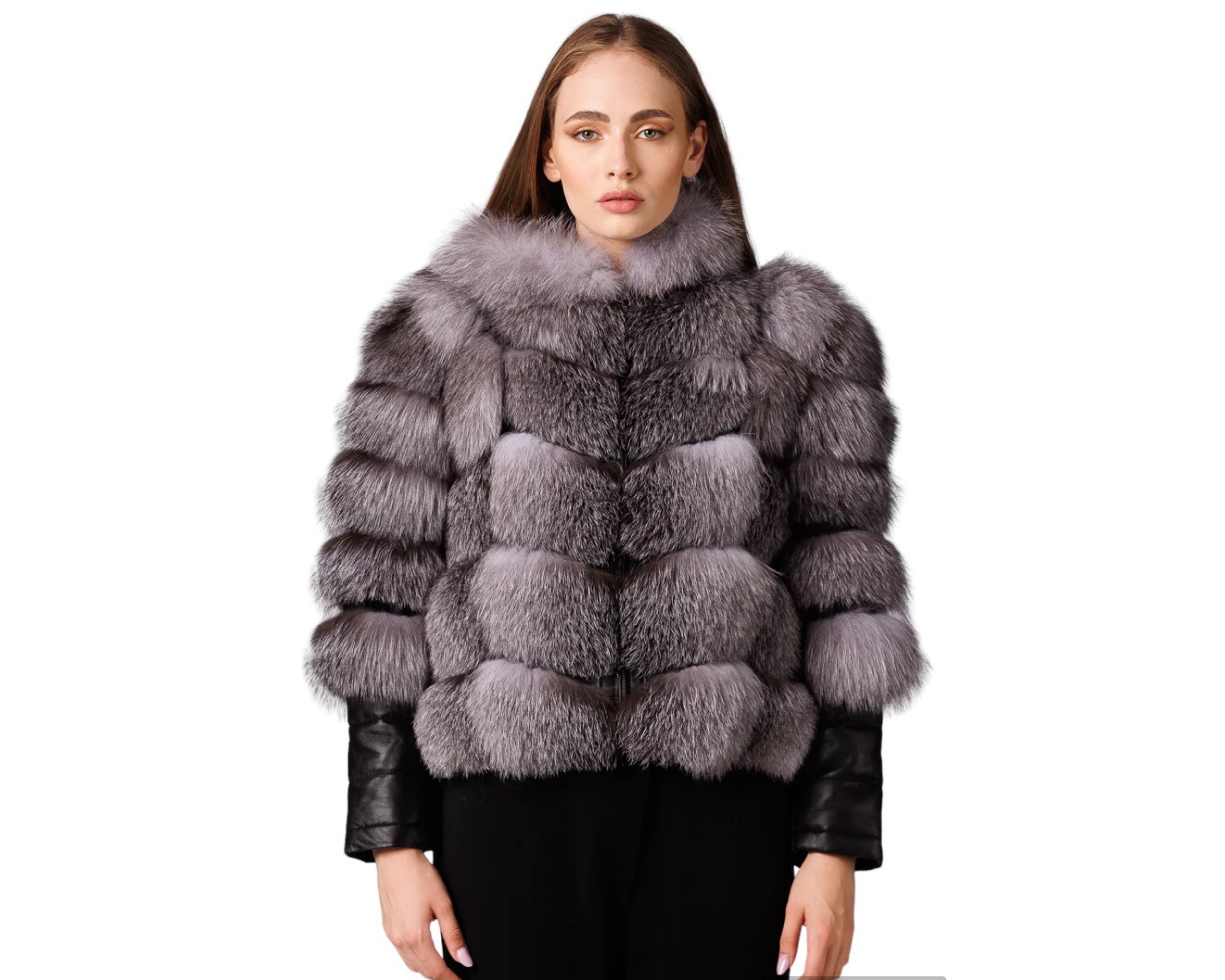 Sorelia Grey Fox Women’s Hooded Genuine Fox Fur Jacket with Leather Details