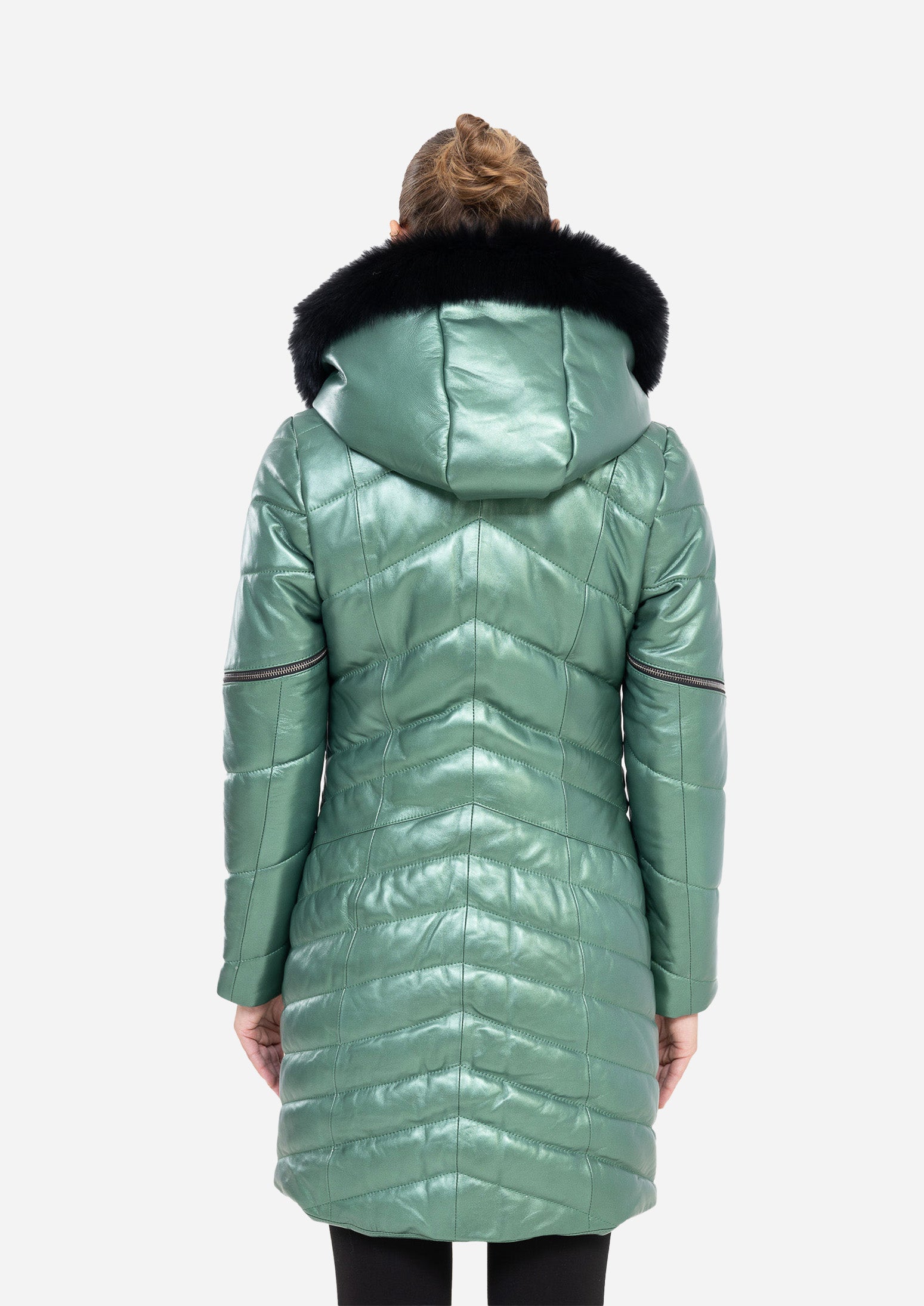 LUNÉVA MINT SAGE – Fur Collar Leather Down Puffer Parka