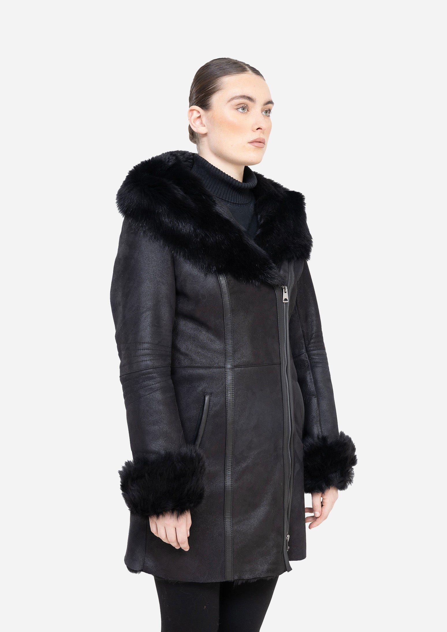 VAYLEN Black Hooded Shearling Coat