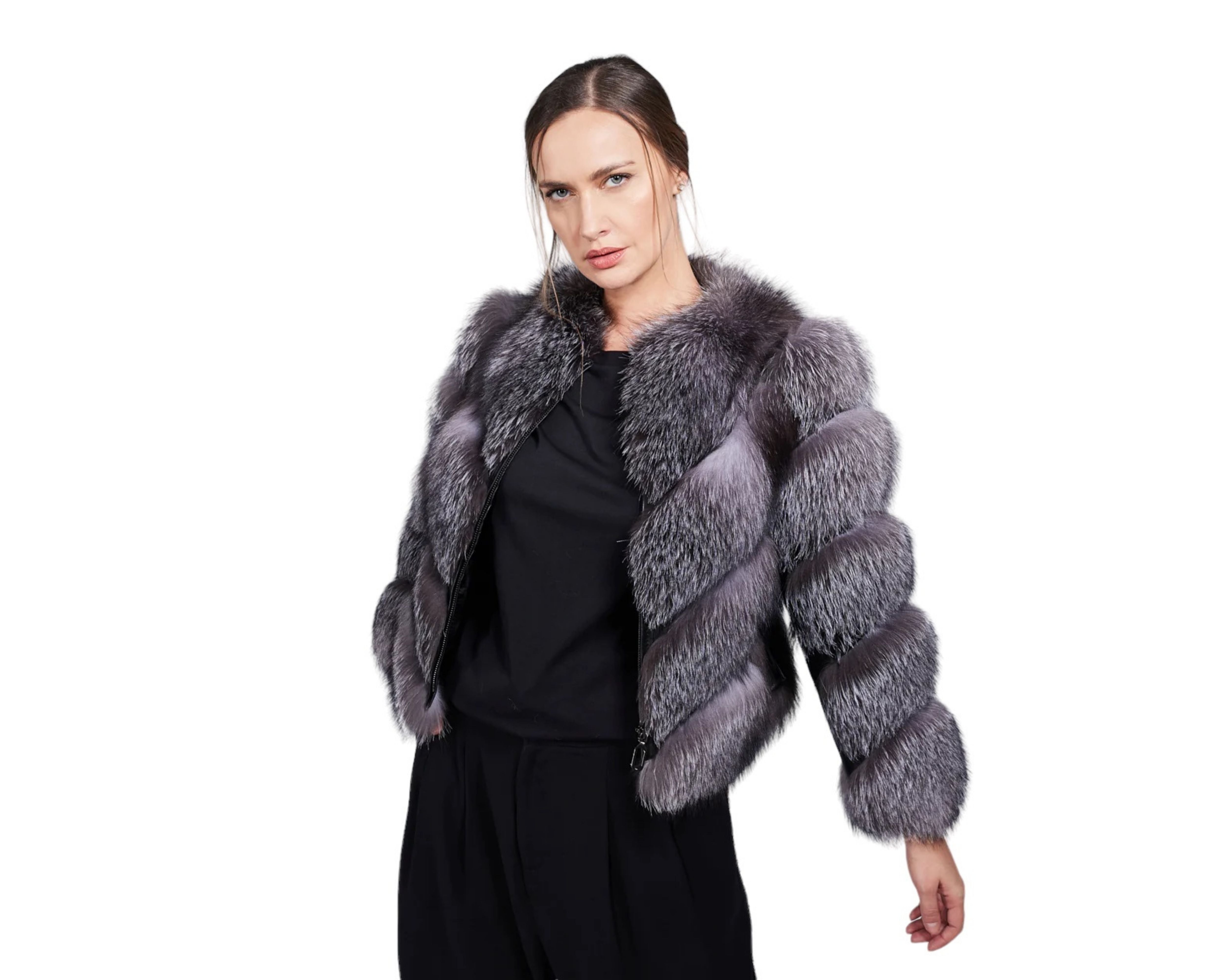 Valenza Silver Women’s Grey Genuine Fox Fur Jacket with Chevron Pattern Design