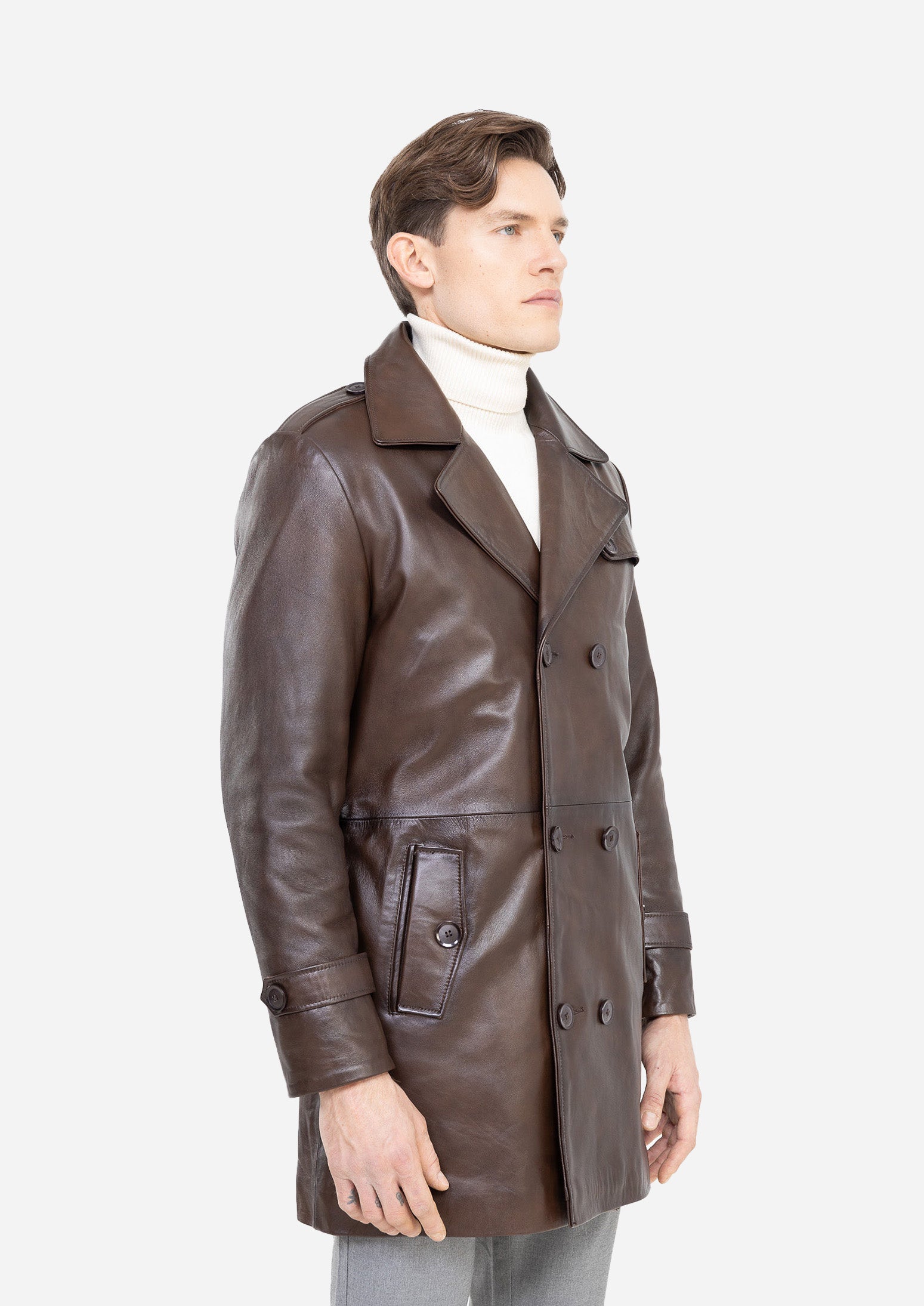 LUCK Brown Genuine Lambskin Leather Trench Coat