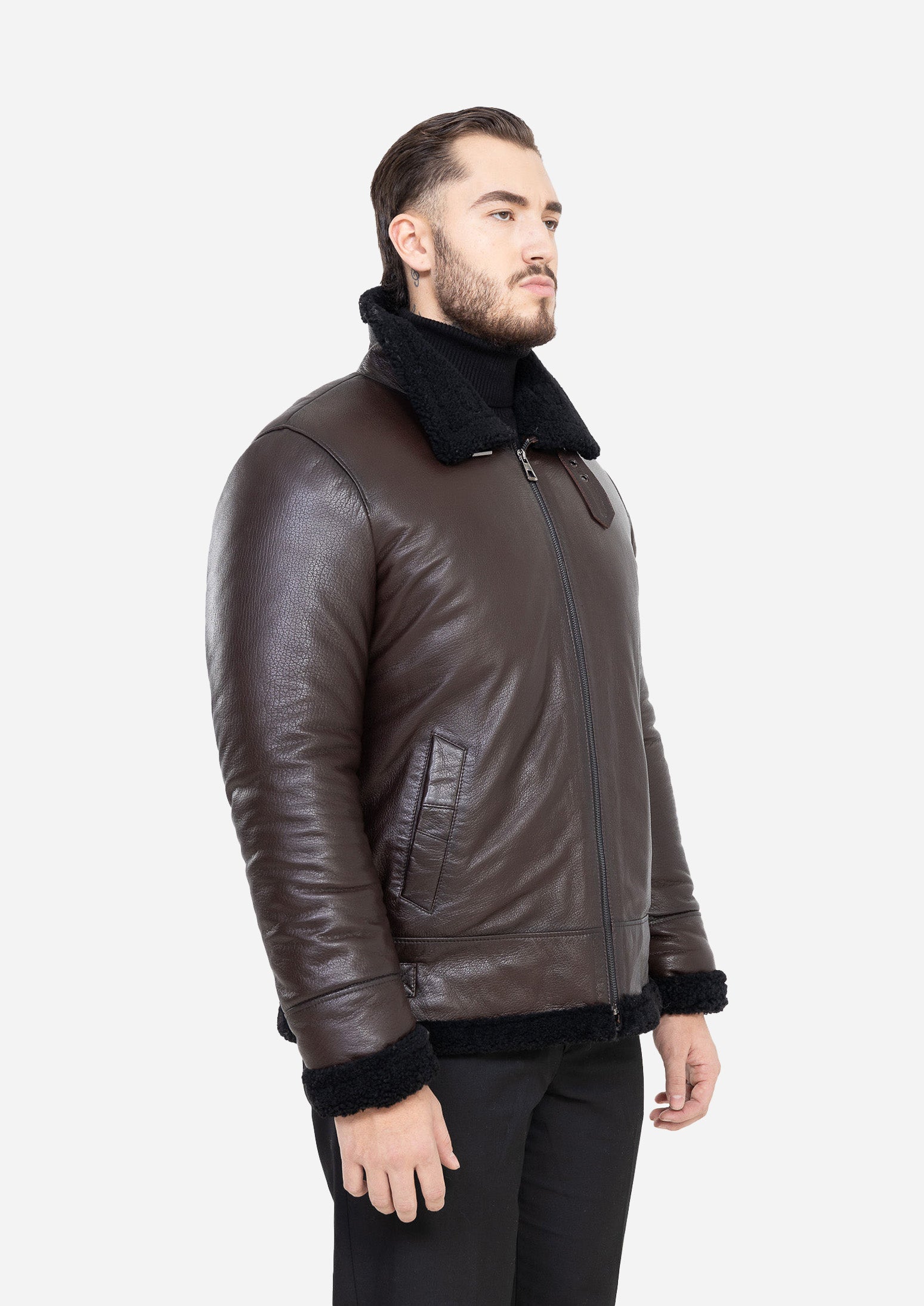 Cortina Genuine Lambskin Brown Leather Aviator Jacket with Authentic Cream Fox Fur Trim