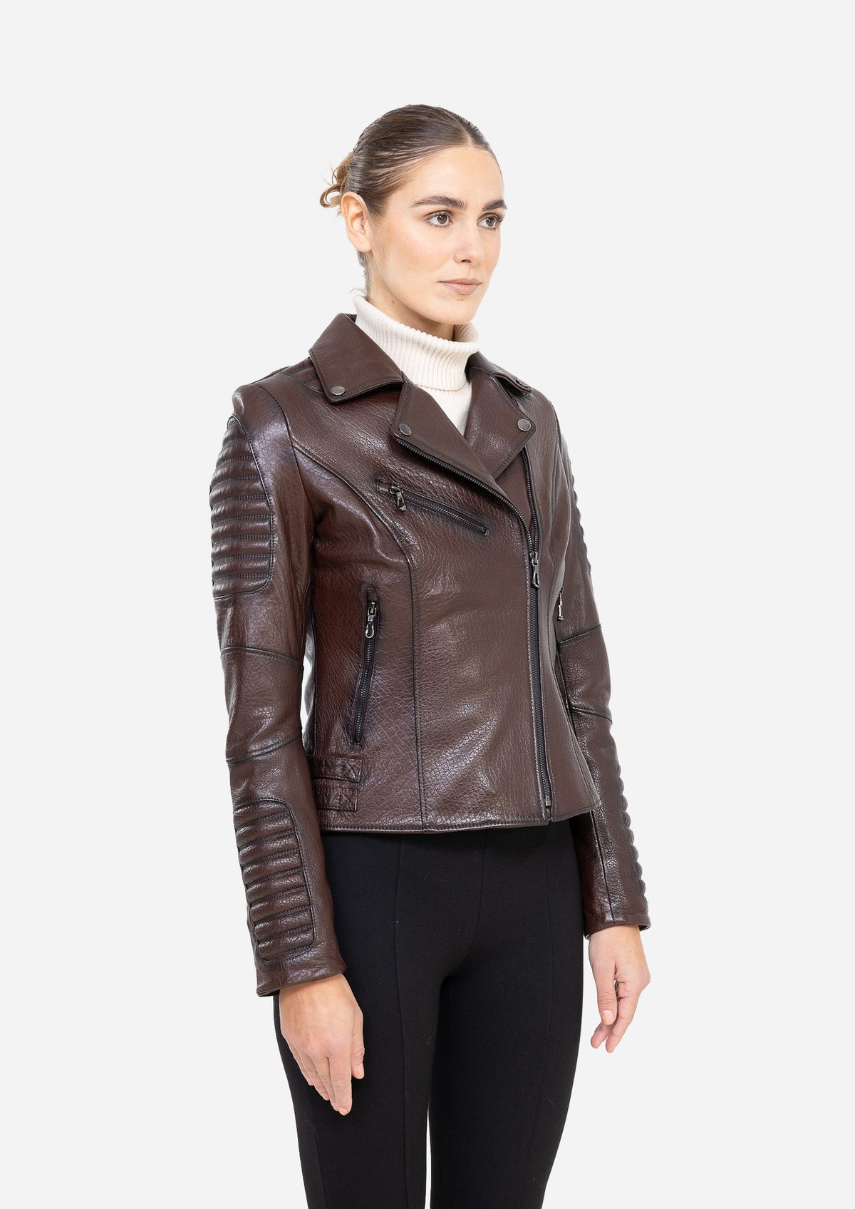 AURELIA NOIR – Ribbed Biker Leather Jacket Brown